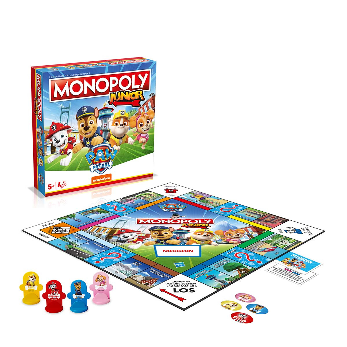 Monopoly Junior Brettspiel. Schachtel mit Figuren und Spielsteinen auf einem Spielbrett.