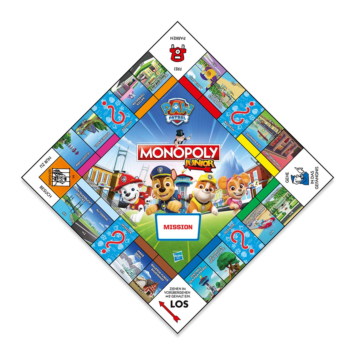 Monopoly Junior Brettspiel, mit Spielfiguren und Zeichentrickfiguren.