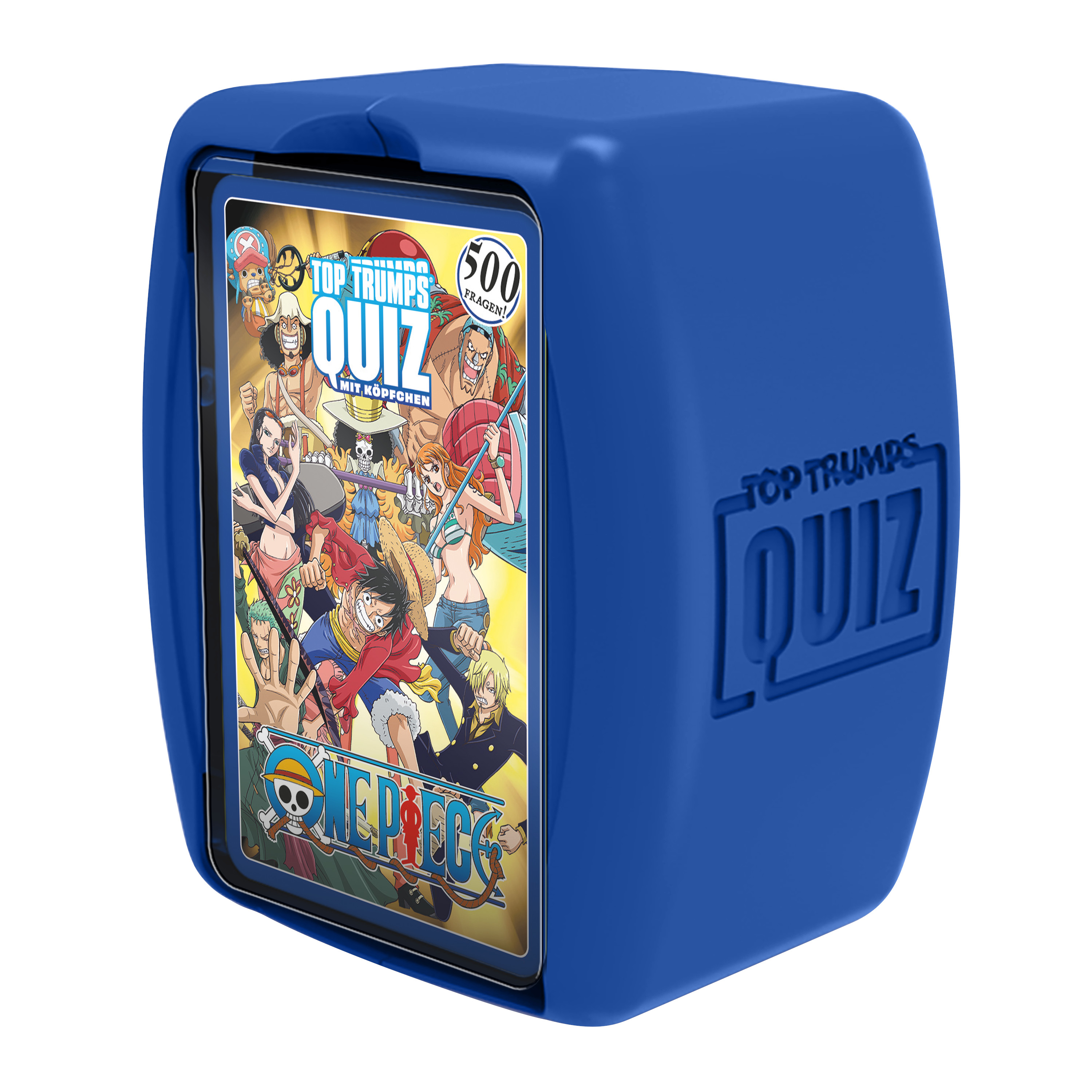 Eine blaue, würfelförmige Box mit einem One Piece Quizspiel, mit Text auf der Seite.