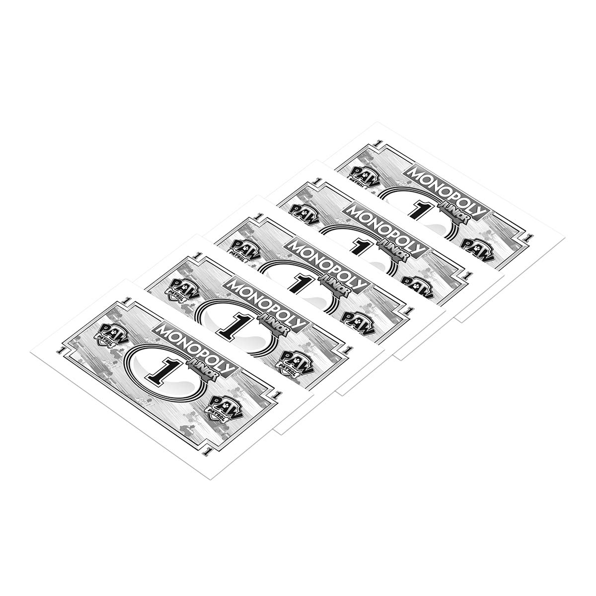 Monopoly-Geld. Mehrere Geldscheine sind sichtbar, jeder mit einem Paw Patrol-Design und der Zahl 1.