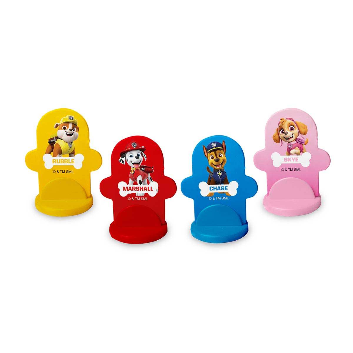 Vier Paw Patrol Charakter-Telefonhalter in verschiedenen Farben.