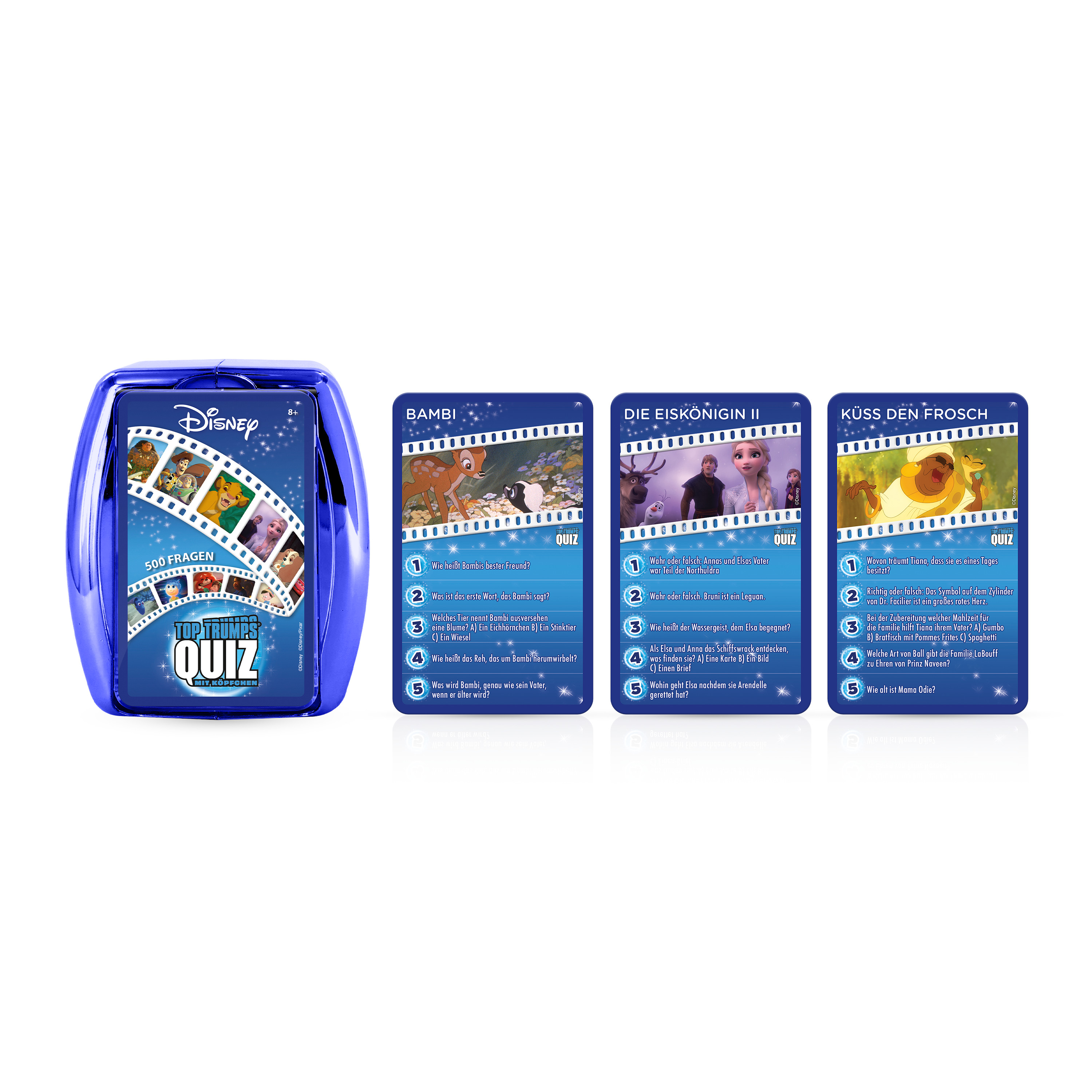 Une boîte de jeu de trivia Disney bleue et des cartes de quiz avec des titres de films Disney.