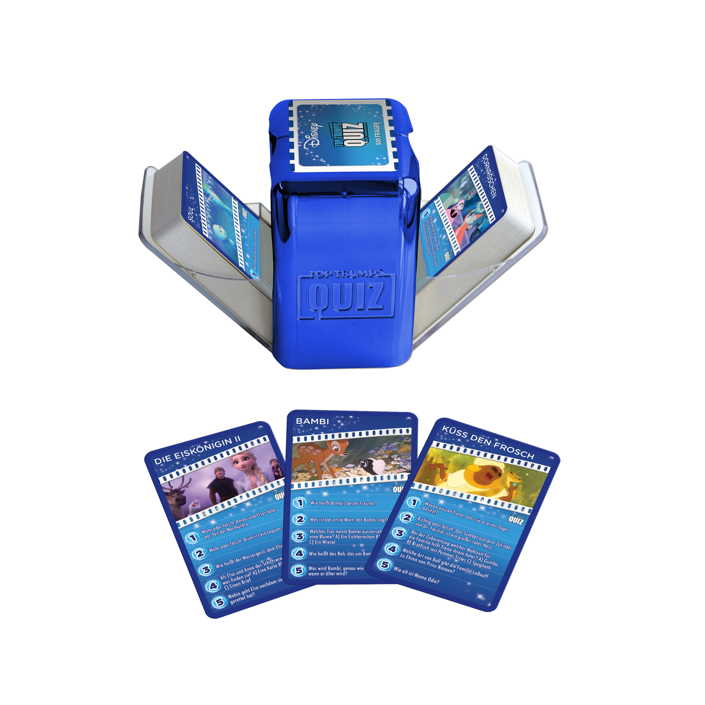 Un jeu de quiz Disney bleu avec des cartes présentant des scènes de films Disney.