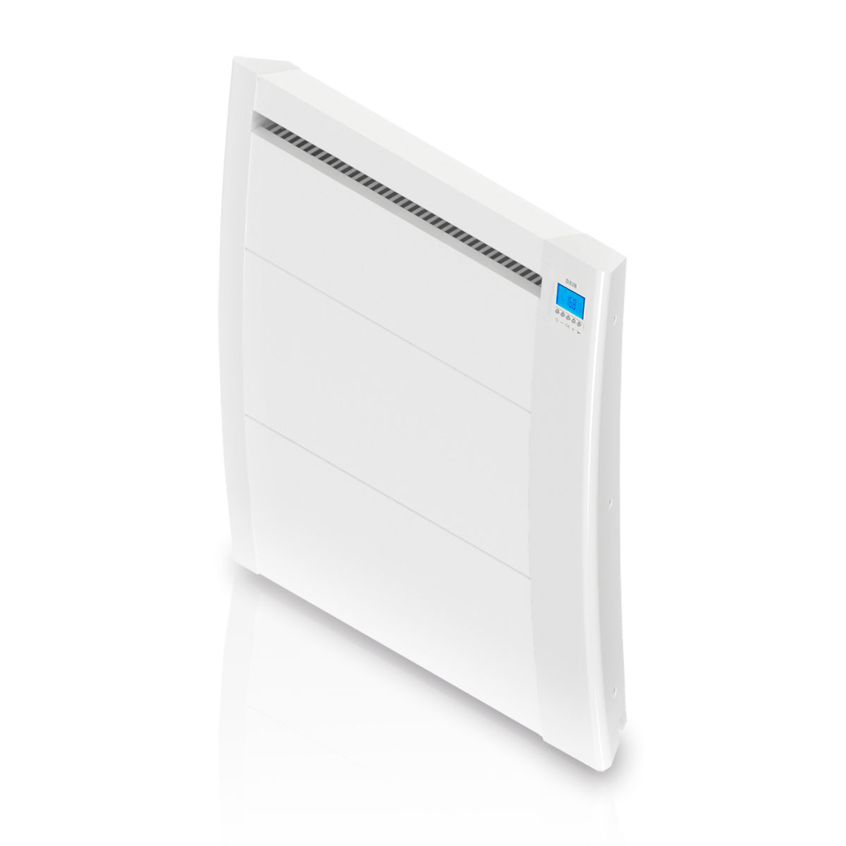 Calentador eléctrico blanco. Tiene líneas horizontales y una pequeña pantalla digital.