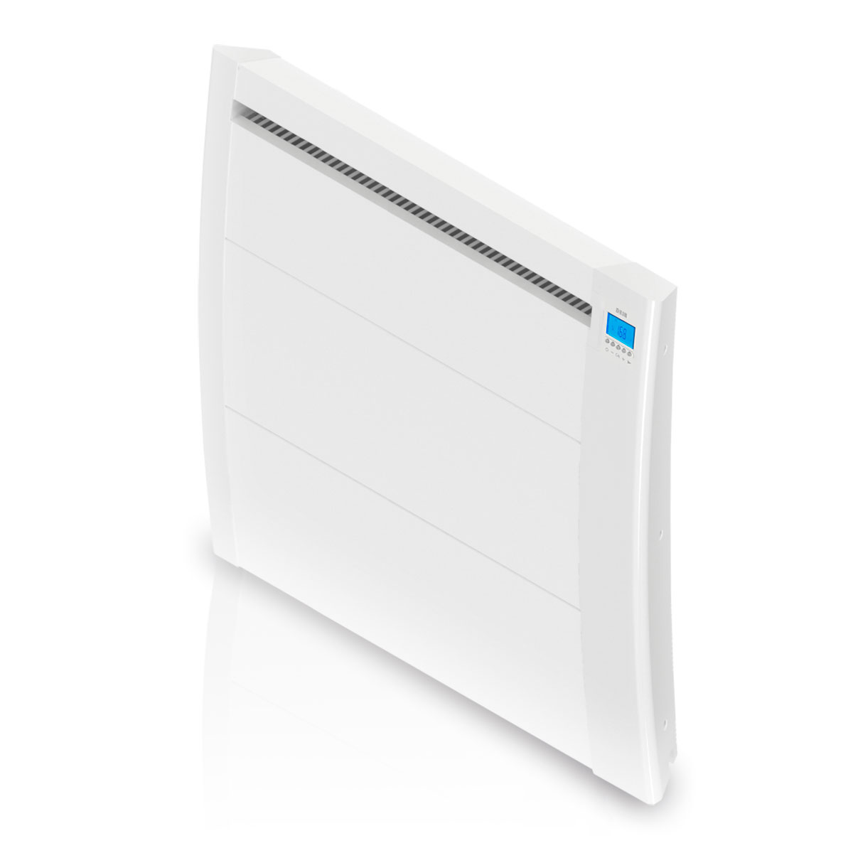 Calentador de pared blanco con la parte delantera ligeramente inclinada. Tiene una pantalla azul y una superficie reflectante.
