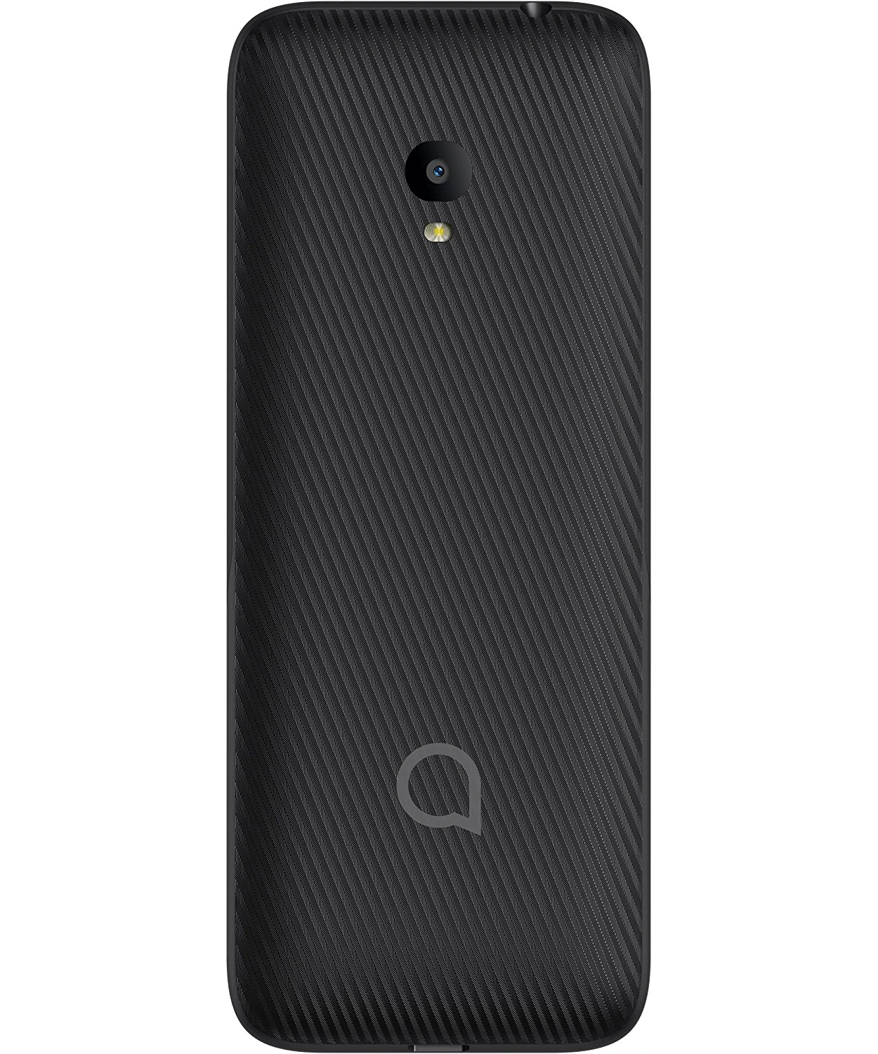 Telefono nero con fotocamera e logo Alcatel. Il motivo diagonale è sul retro del telefono.