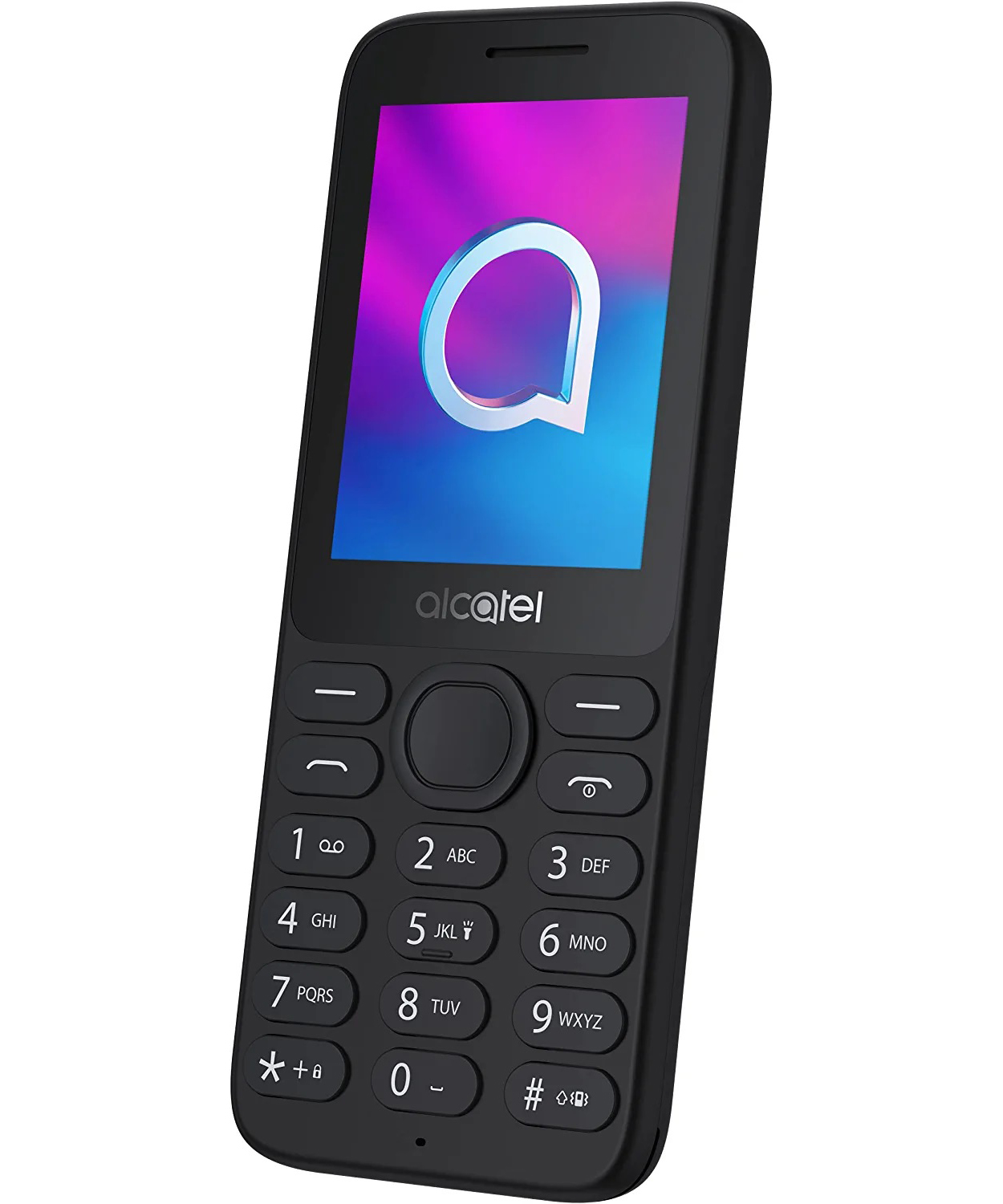 Telefono Alcatel nero con logo 'a' bianco su viola.