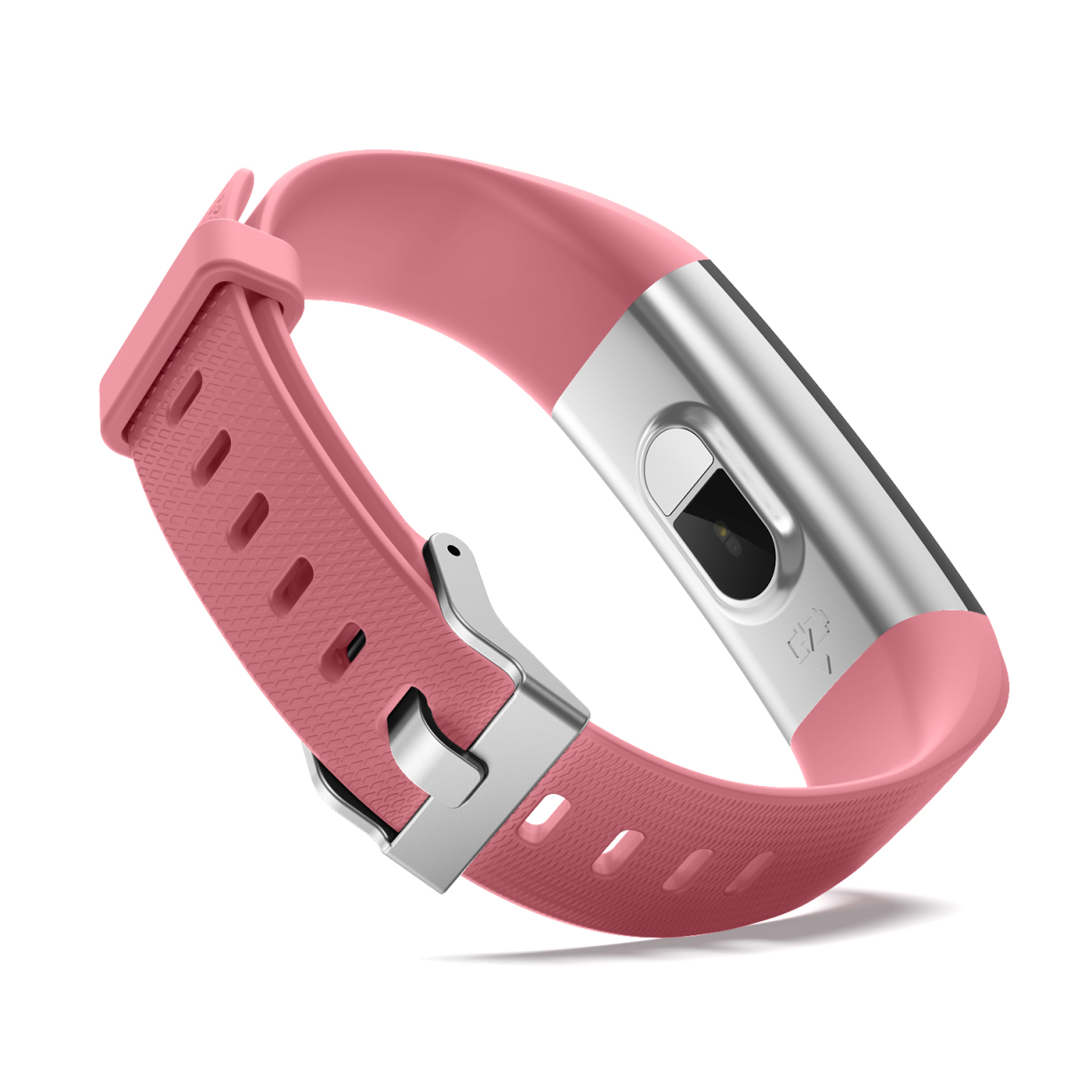 Ein rosa Fitnesstracker mit silbernem Band und Verschluss, schräg auf weißem Hintergrund.