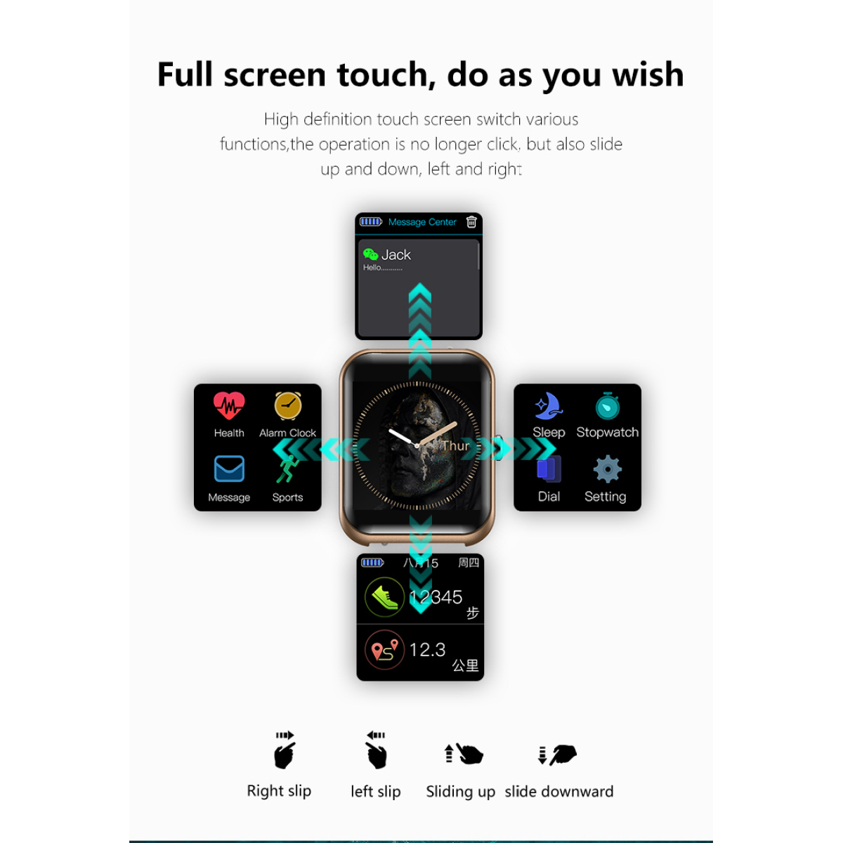 Smartwatch-Oberfläche mit verschiedenen Apps: Gesundheit, Nachricht, Sport, Schlaf und Einstellungen.