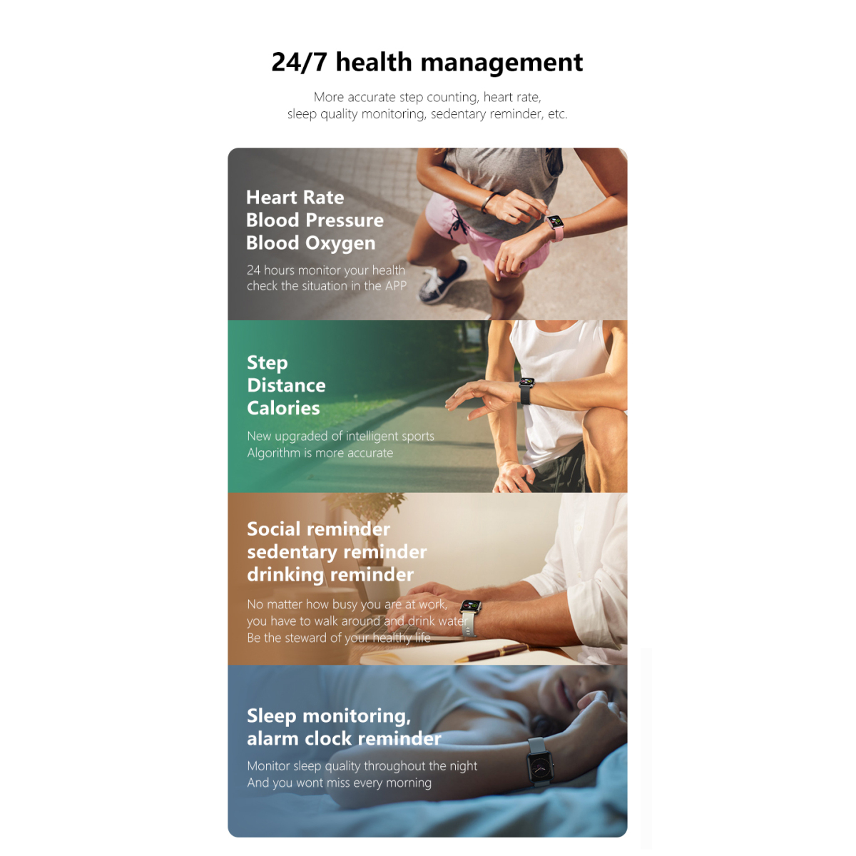 Infografik zur Gesundheitsdatenüberwachung am Handgelenk. Herzfrequenz, Blutdruck, Schritte, Schlaf und Erinnerungen.