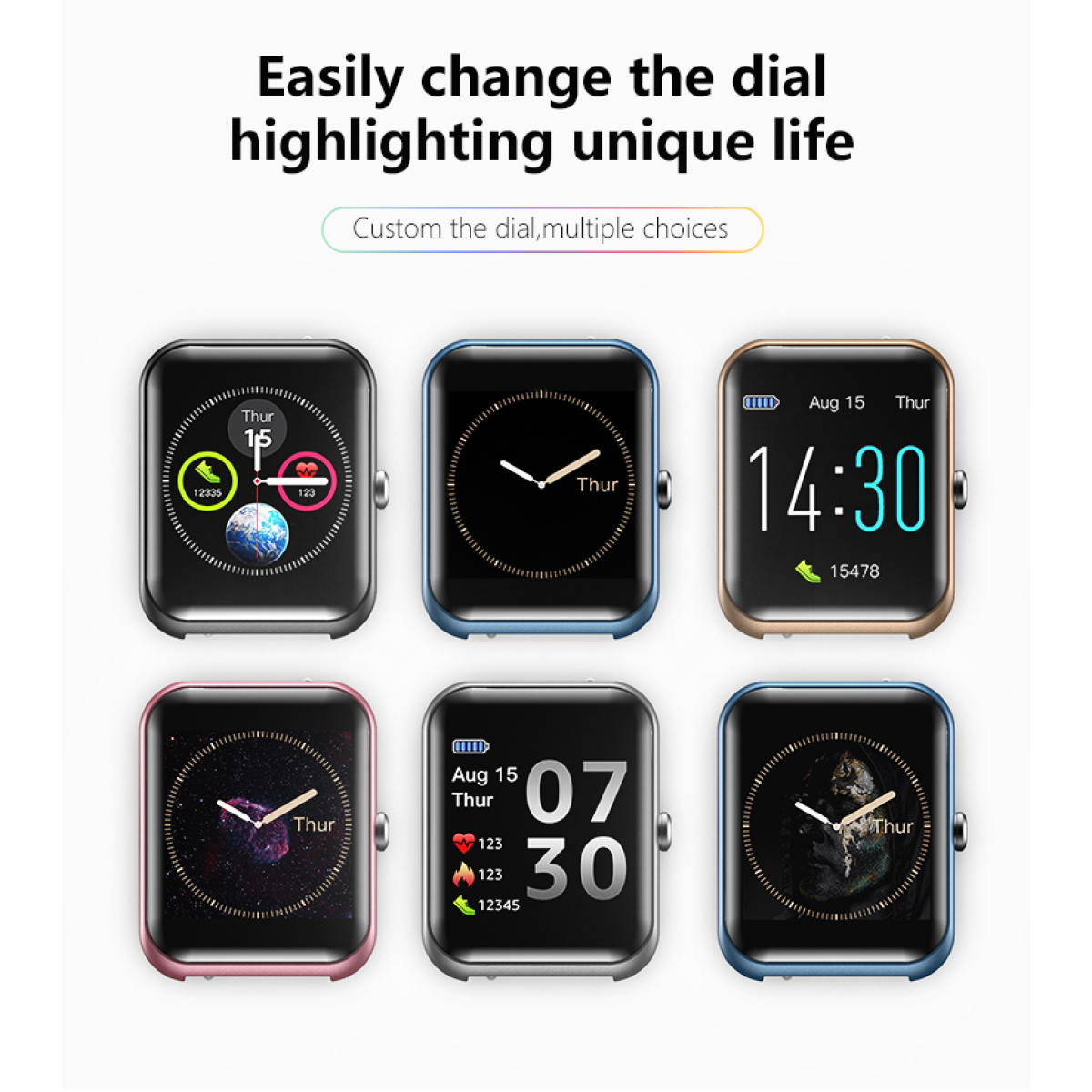Sechs Smartwatches mit verschiedenen Zifferblättern und Armbändern, die verschiedene Designoptionen zeigen.