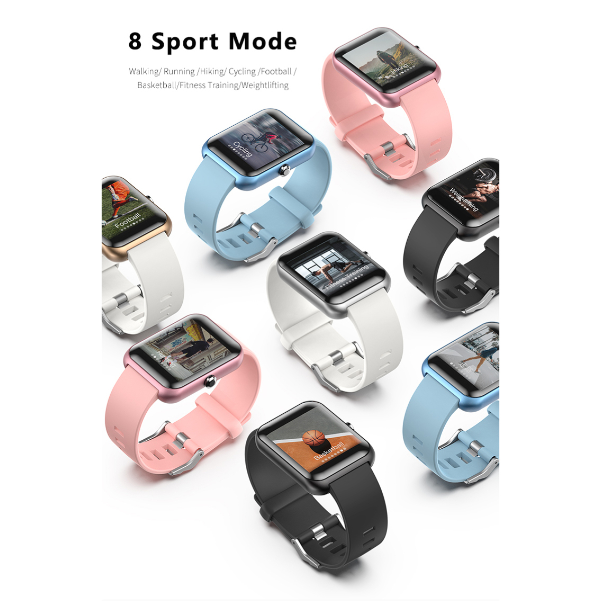 Smartwatches in verschiedenen Farben. Jede Uhr zeigt ein anderes Sportmodus-Symbol: Gehen, Laufen usw.