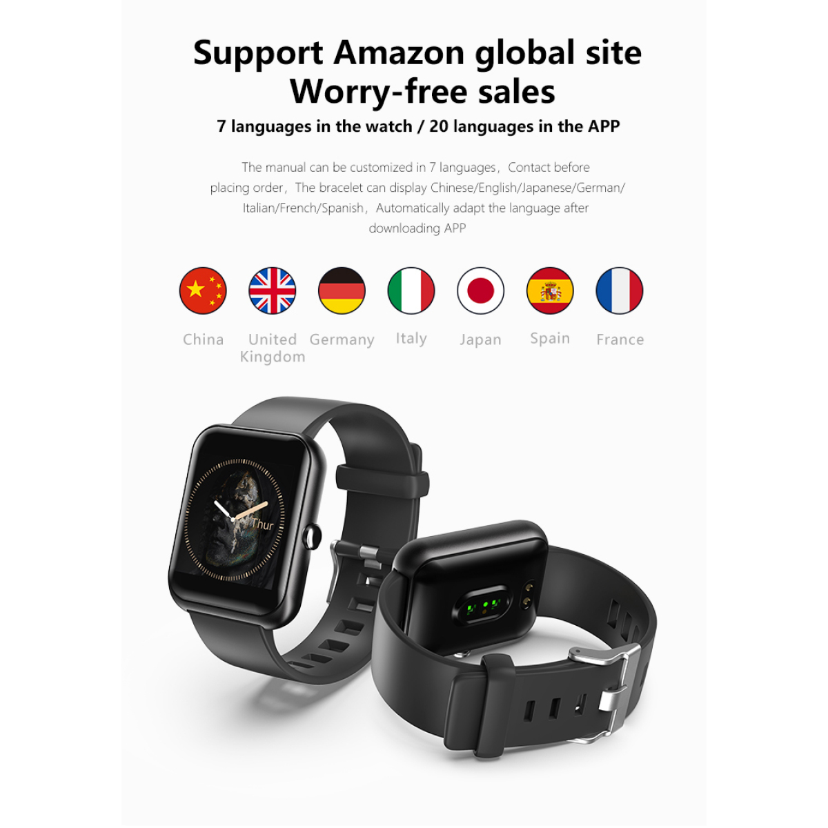 Zwei Smartwatches mit Flaggen von China, Großbritannien, Deutschland, Italien, Japan, Spanien und Frankreich.