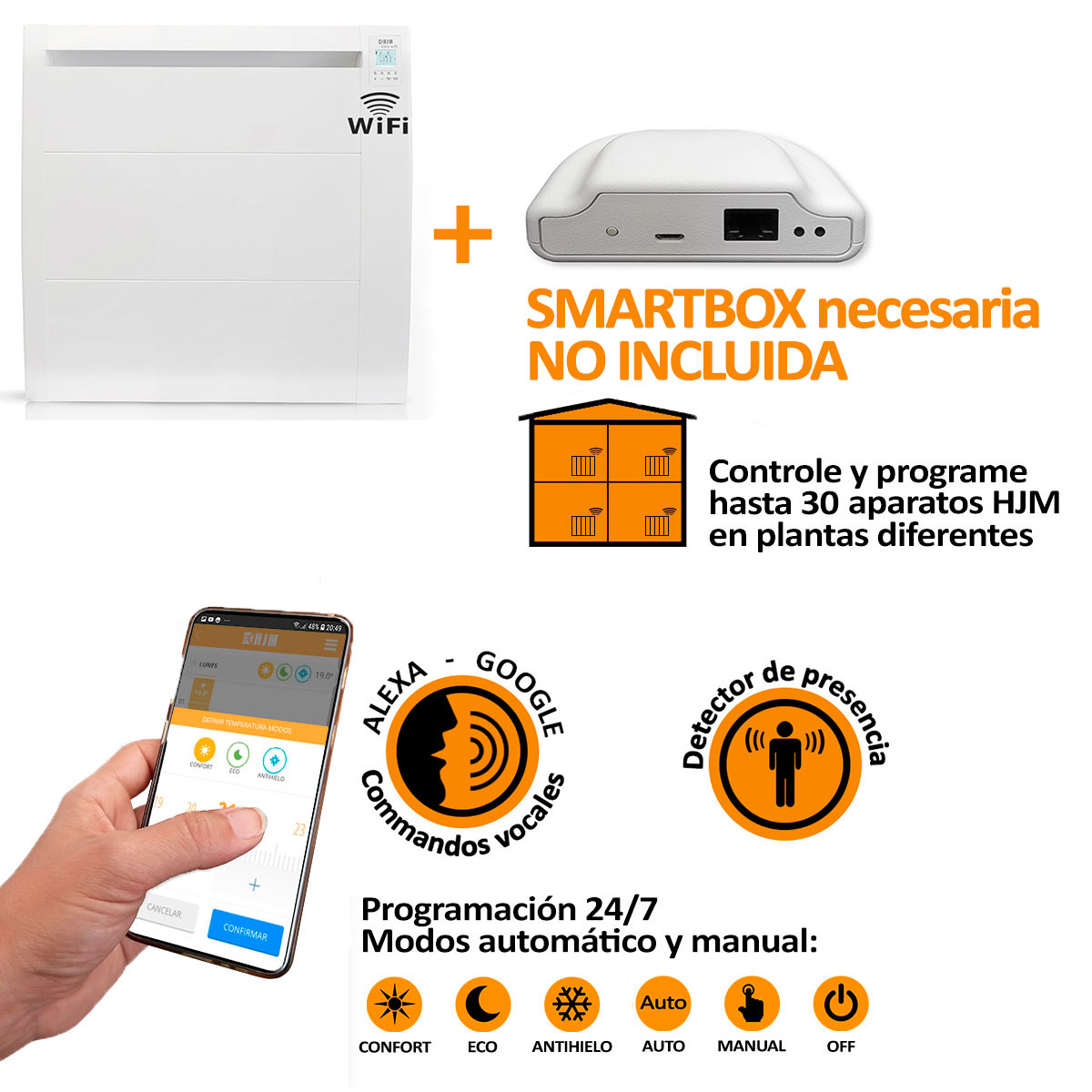 Una pantalla con una caja inteligente y otros productos. Tiene texto, iconos, una mano con un teléfono.