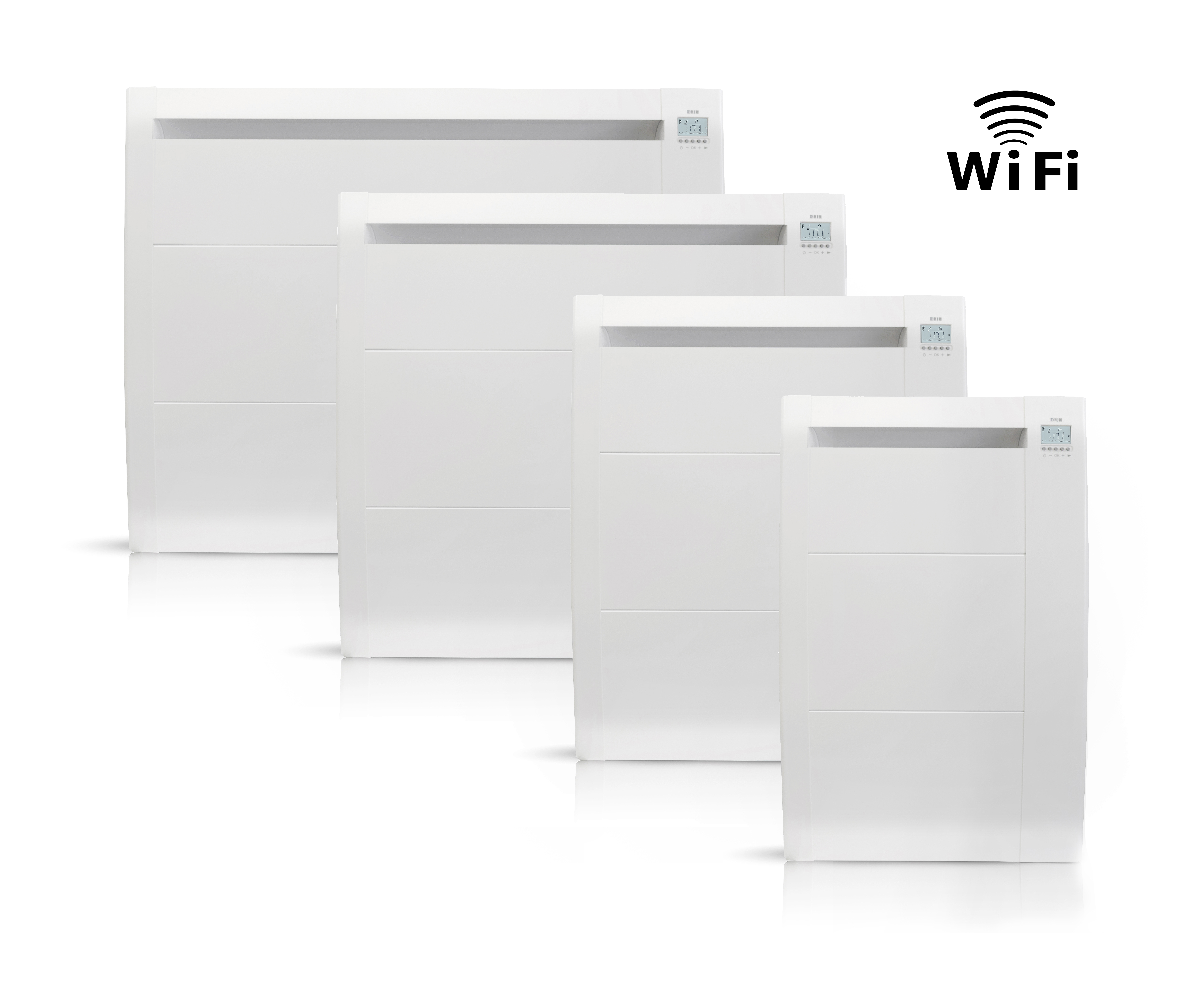 Cuatro calentadores blancos y rectangulares con pantallas digitales, dispuestos diagonalmente y un símbolo Wi-Fi.