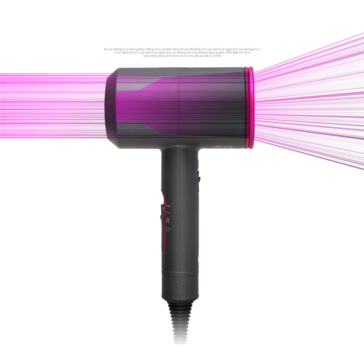 Schwarzer und grauer Haartrockner mit pinkfarbenem Ring, der pinkfarbene Strahlen aussendet. Text-Overlay.