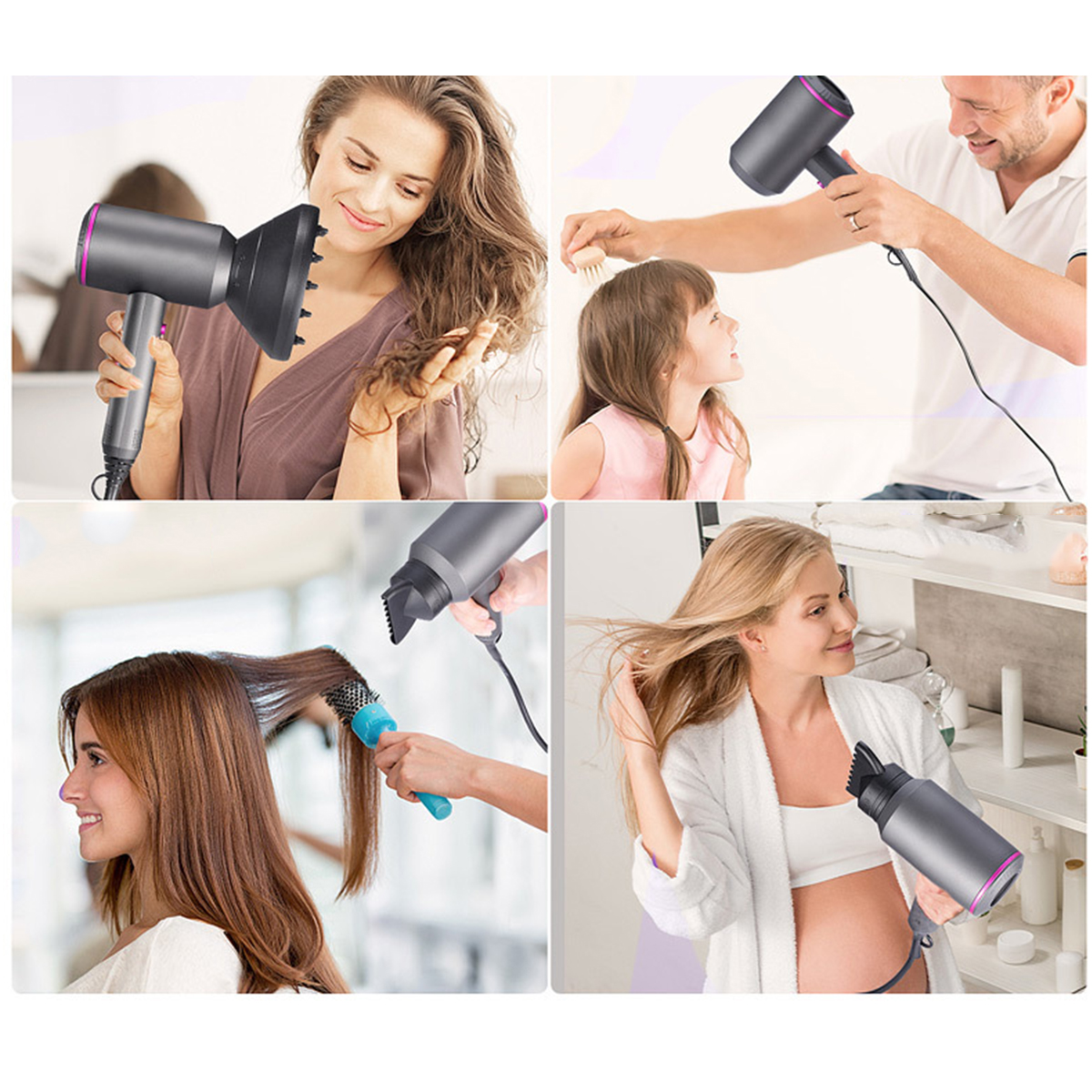 Vier Bilder von Frauen und einem Mann, die Haartrockner und Styling-Tools für ihr Haar verwenden.