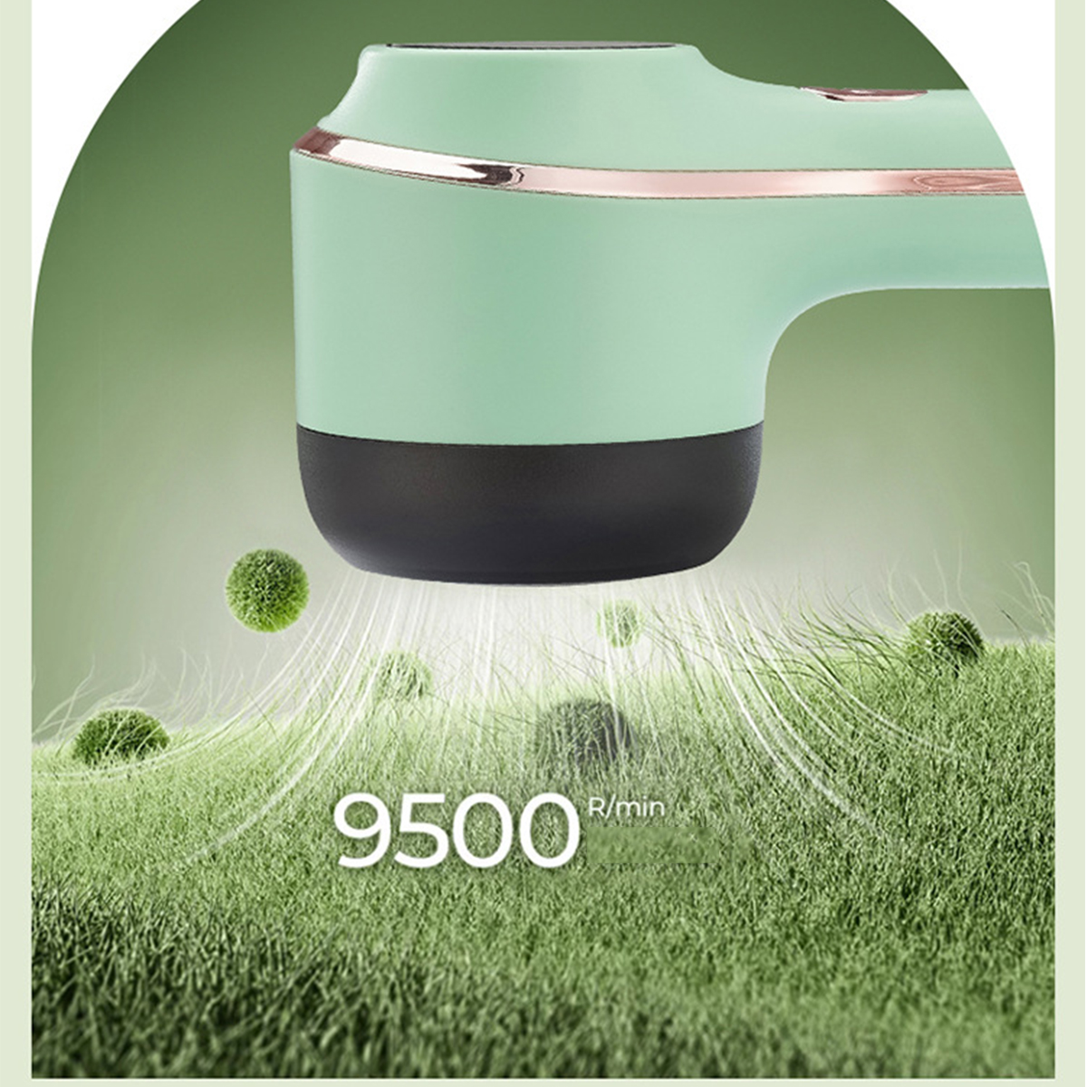 Ein mintgrünes Gerät mit schwarzer Basis und weißem Hintergrund, mit der Aufschrift 9500 R/min.