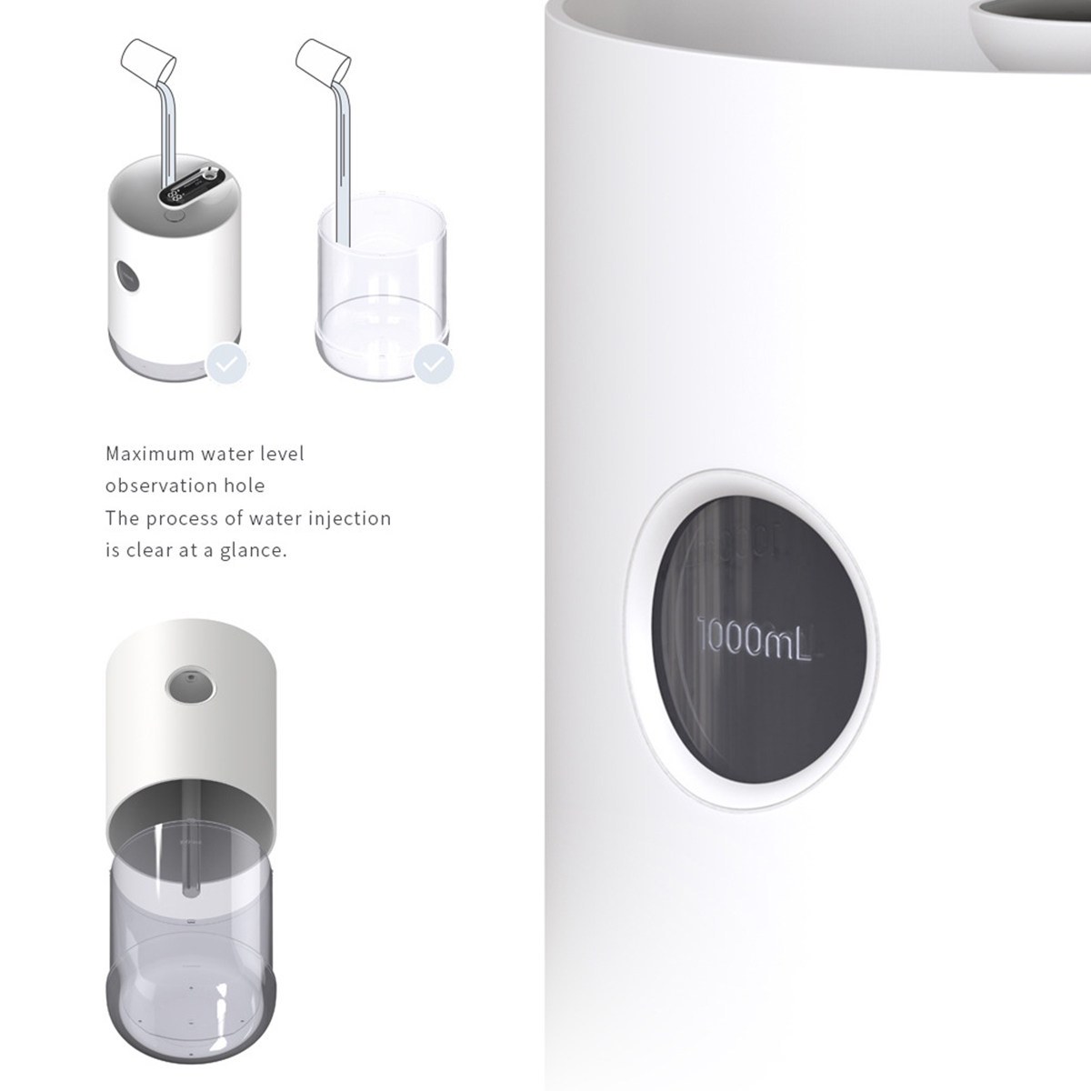 Diagramm eines Wasserspenders, das Wasserstand und Einspritzvorgang zeigt. Enthält eine 1000-ml-Markierung.