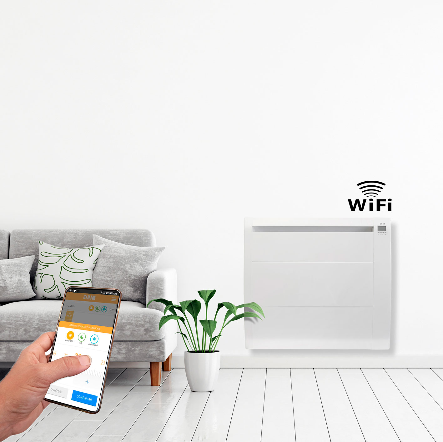 Mano con teléfono, interfaz, pared blanca, icono WiFi y panel calefactor blanco.