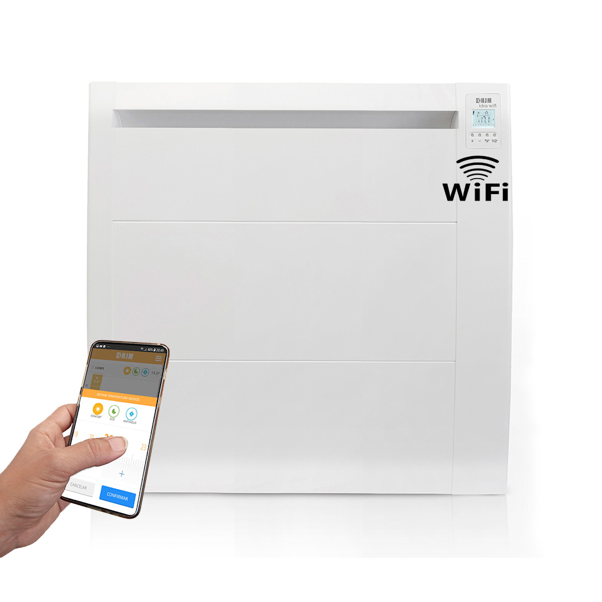 Calentador eléctrico de pared blanco con panel de control y un smartphone mostrando una app.