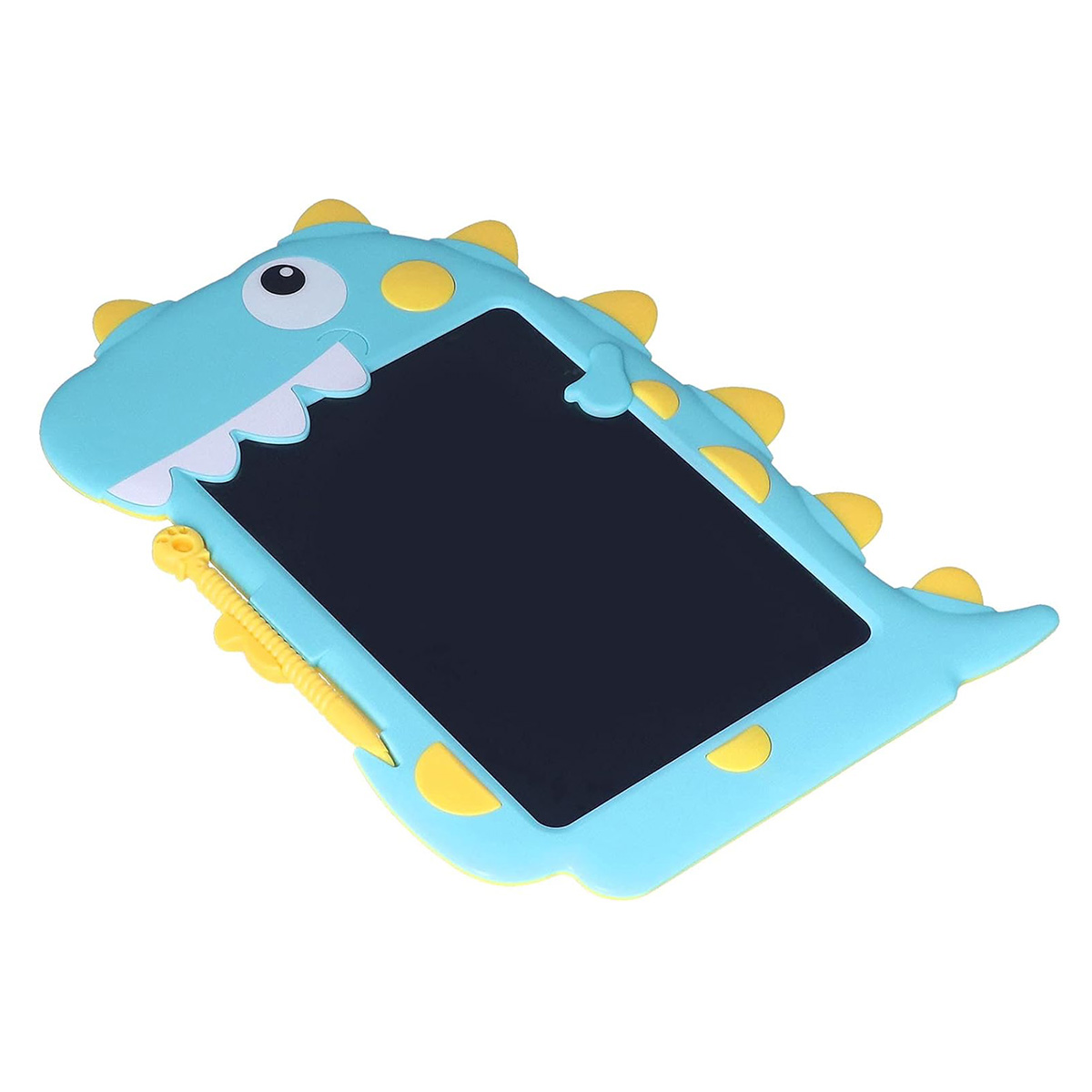 Tableta de dibujo azul con forma de dinosaurio, pantalla negra y lápiz amarillo.