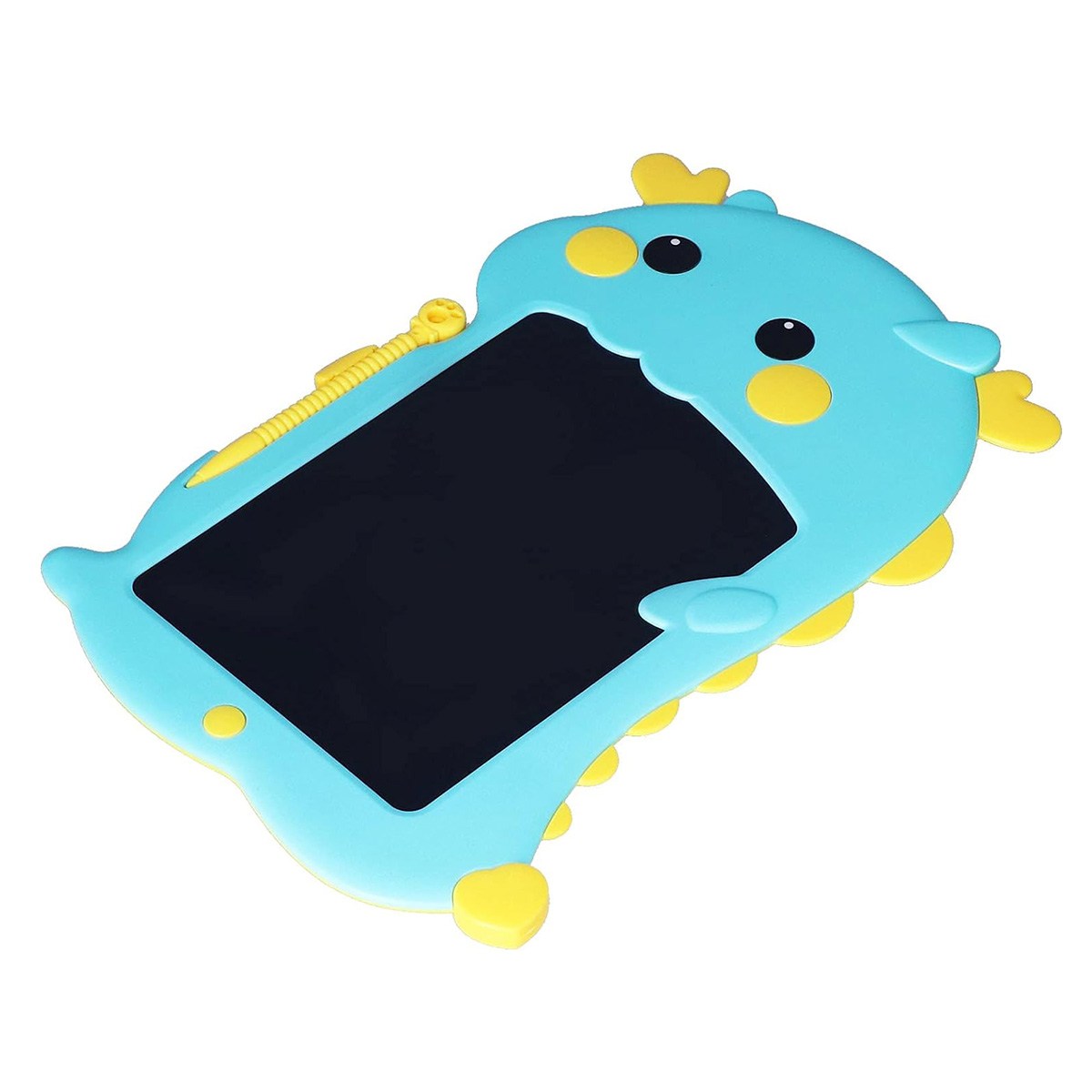 Tableta de dibujo azul y amarilla con forma de dinosaurio, pantalla negra, lápiz amarillo.