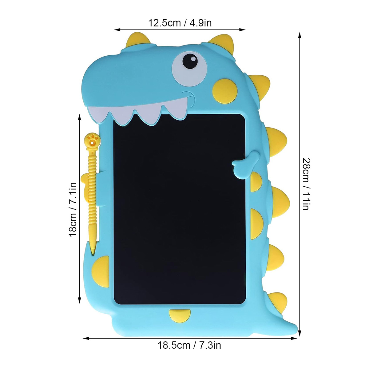 Una pizarra azul con forma de dinosaurio con un bolígrafo y dimensiones mostradas.