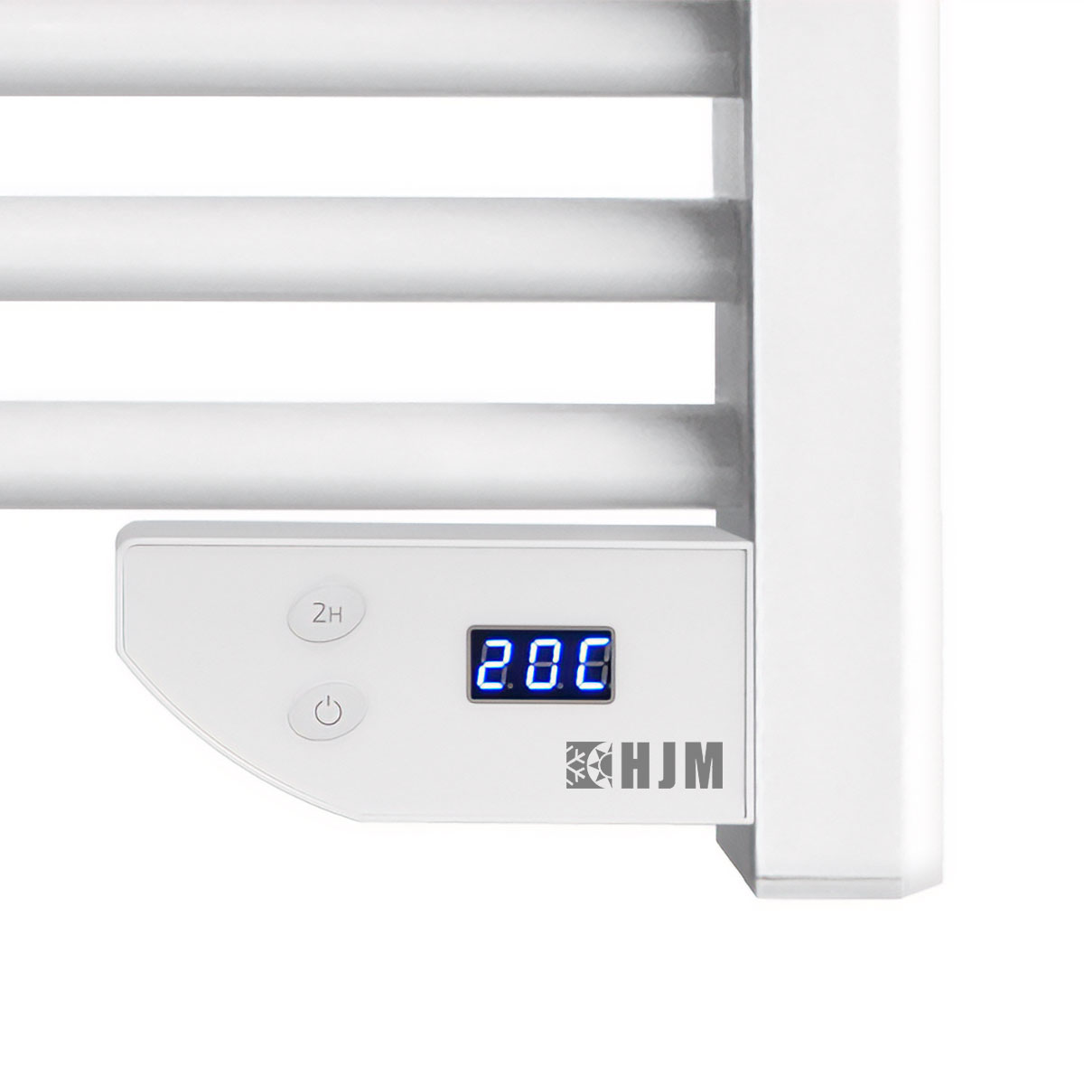 Calentador de toallas blanco con pantalla digital mostrando 20.0. Logo HJM visible.