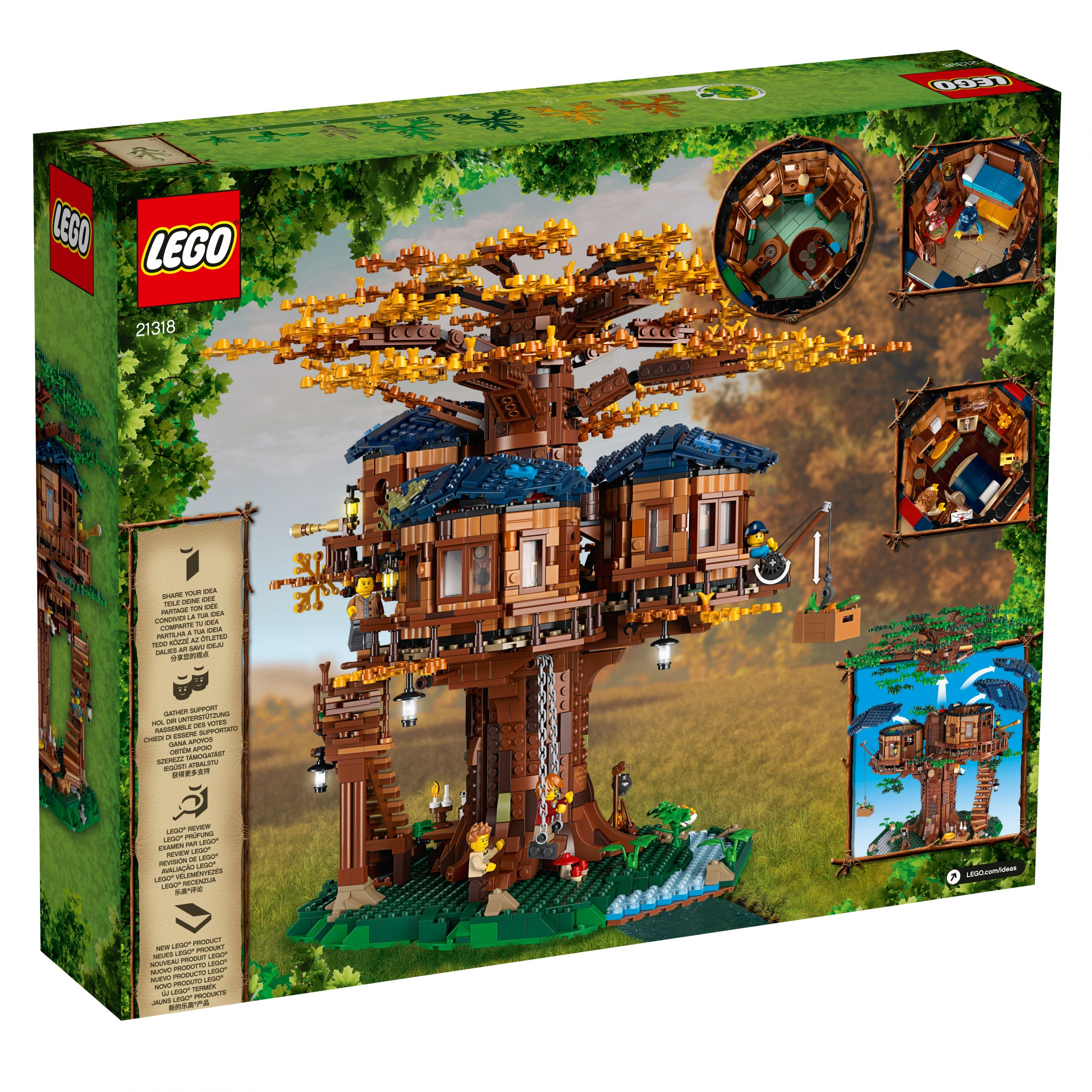 Pudełko zestawu LEGO Tree House, z dużym drzewem pośrodku. Kilka mniejszych obrazków z boku.