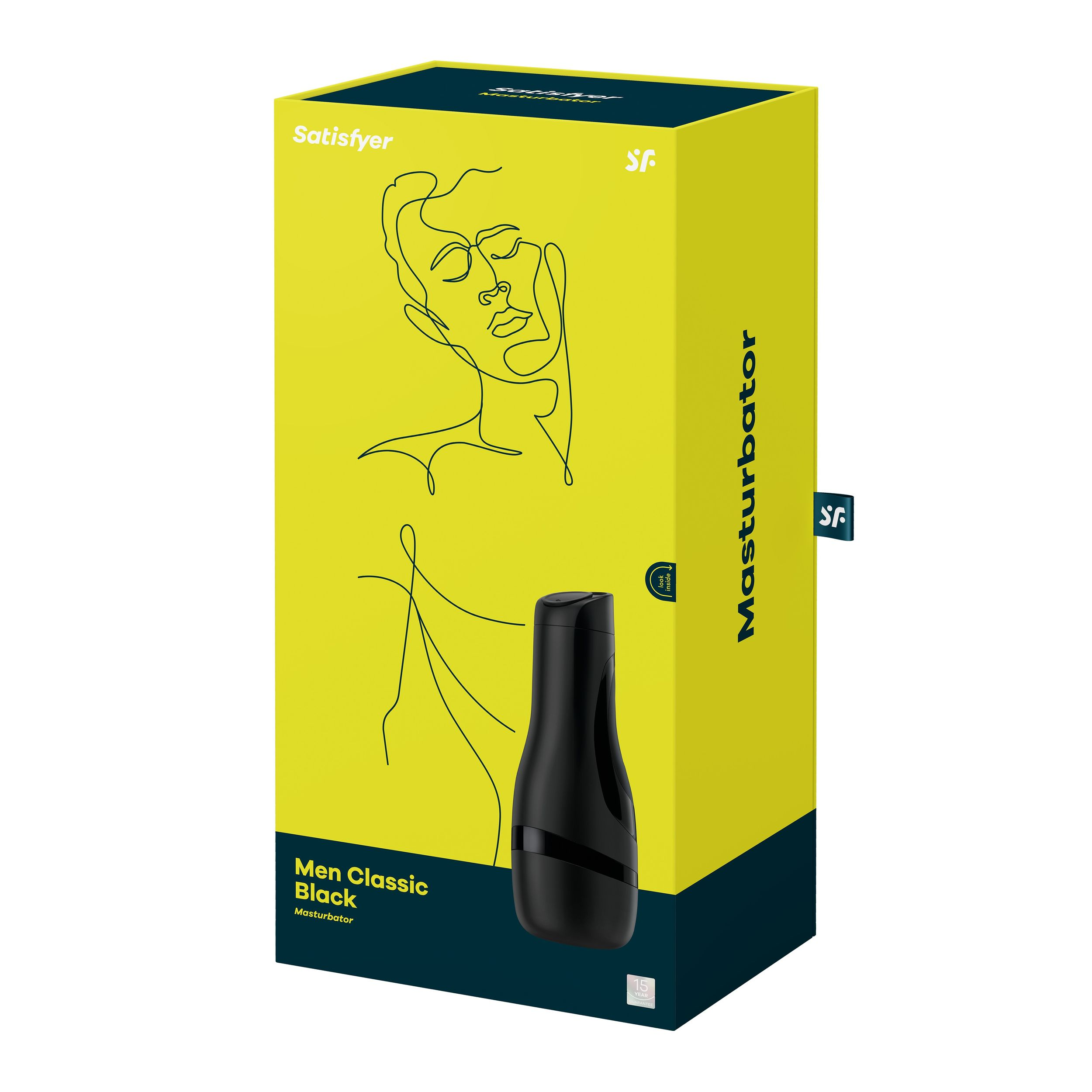Box mit einem Männergesicht und einem schwarzen Masturbator, Werbung für ein Produkt.