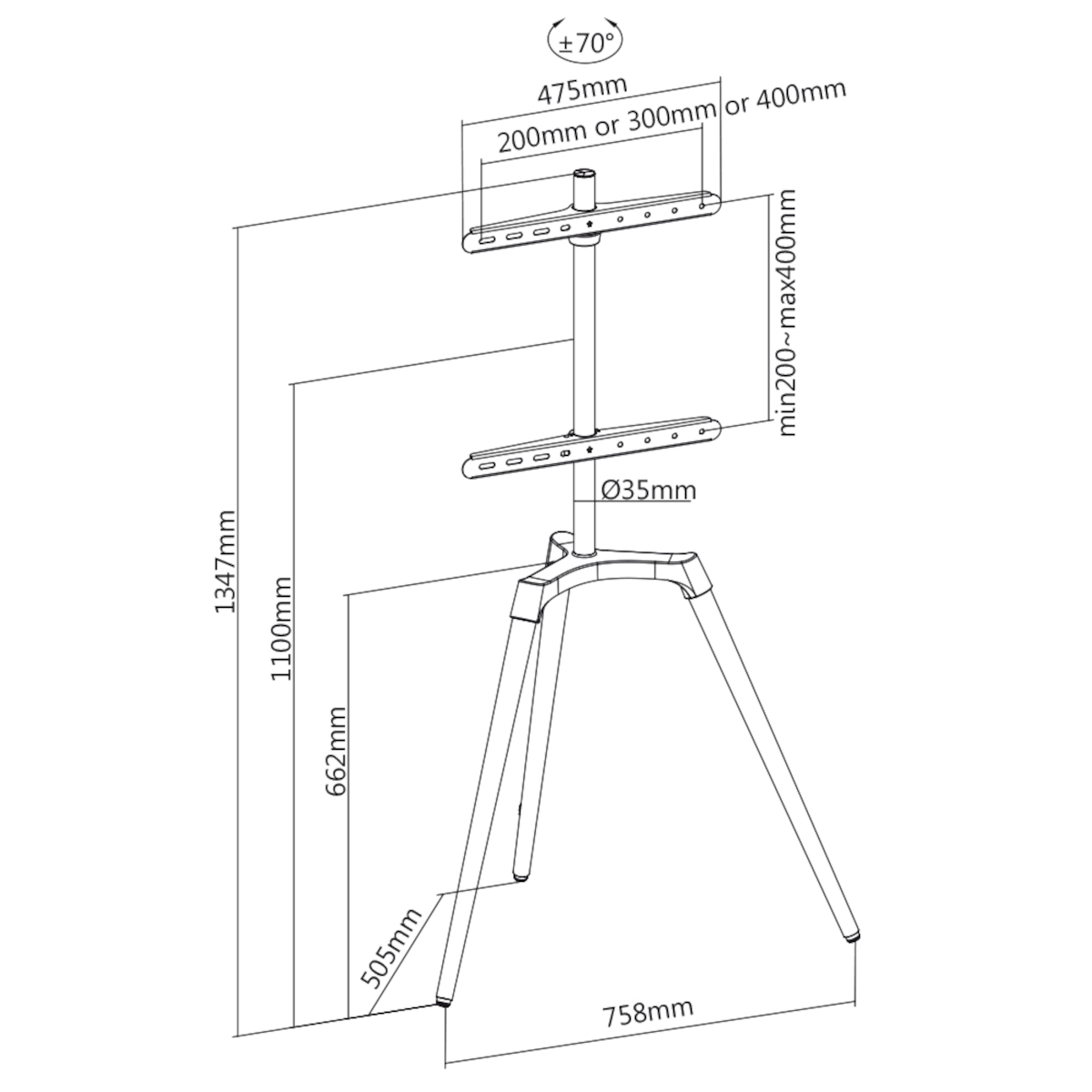 Diagramm eines TV-Ständers mit Messungen und Beschriftungen in Schwarz auf Weiß.