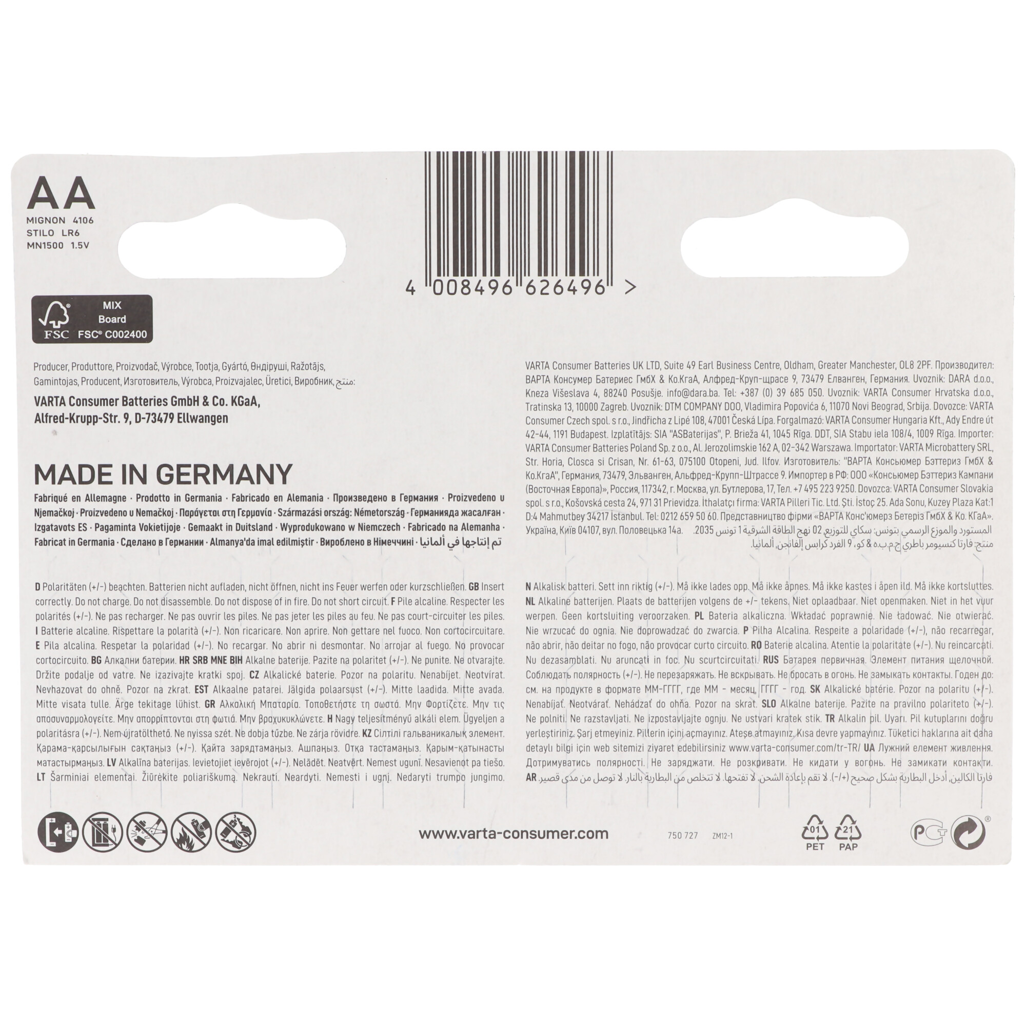 Biało-niebieskie opakowanie z bateriami AA i informacjami o produkcie.