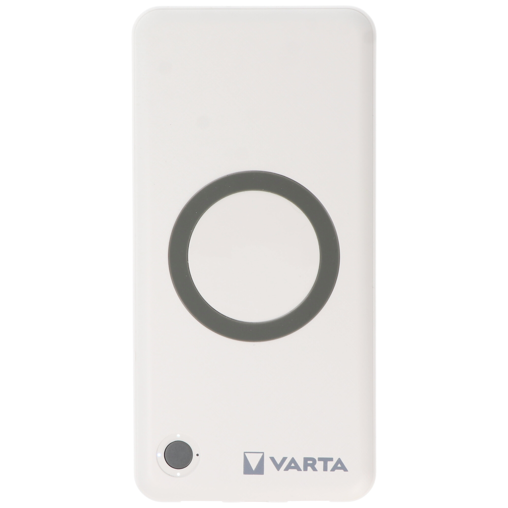 Eine weiße Powerbank mit grauem Kreis, VARTA-Logo und einem Knopf.