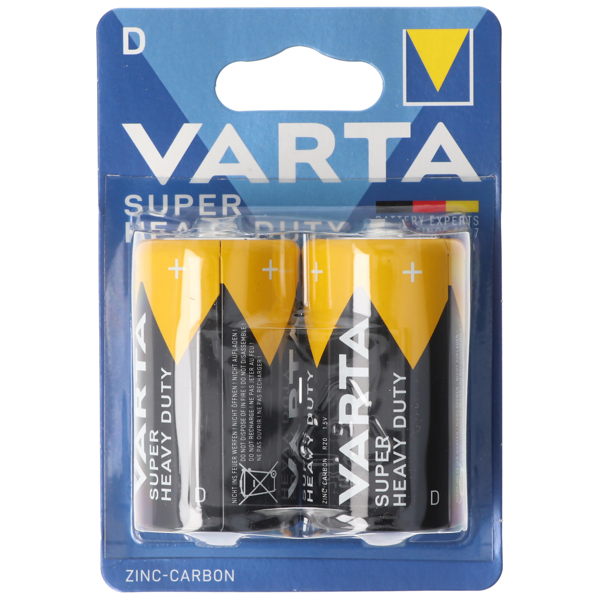 Confezione di batterie Varta Super Heavy Duty in blister blu e giallo.