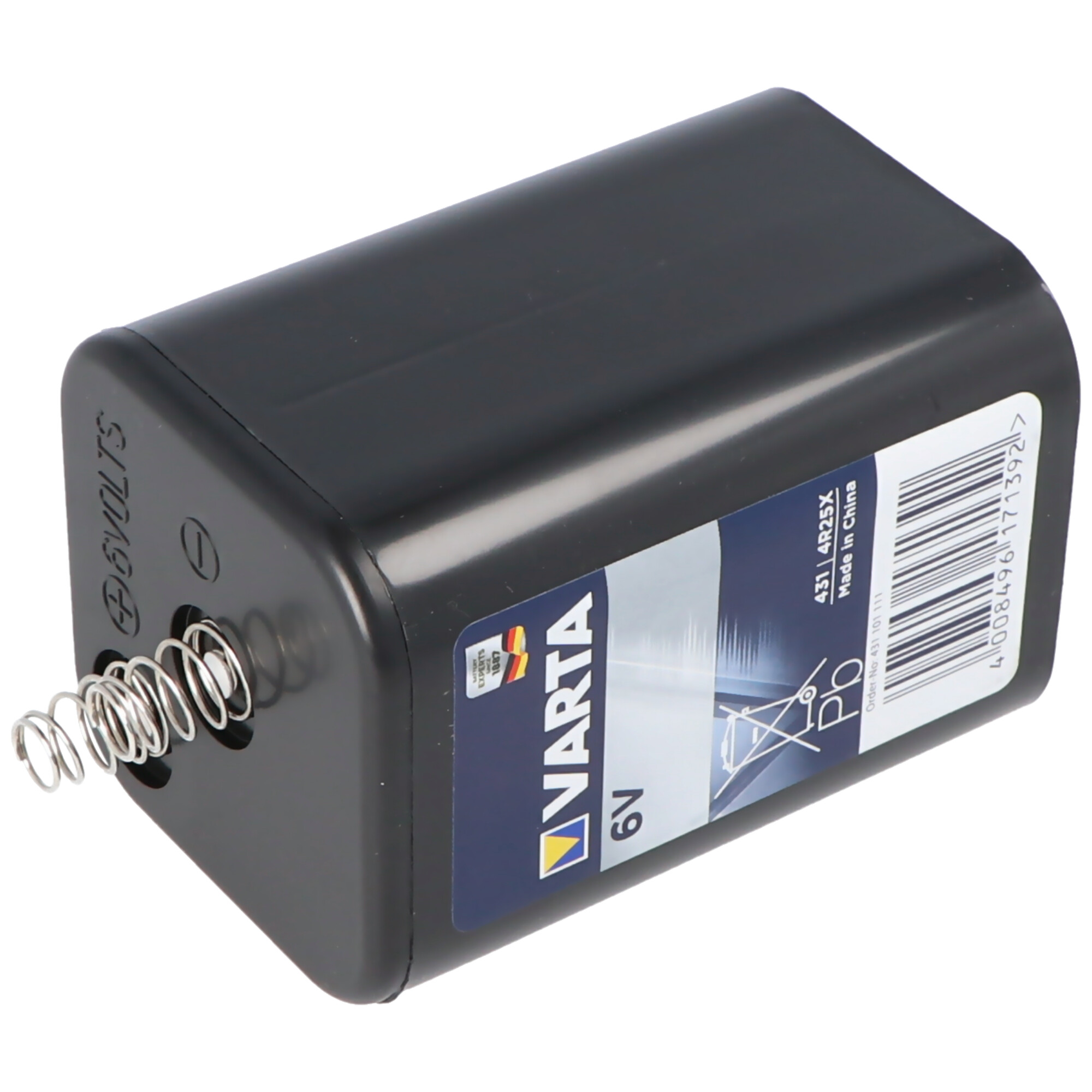 Czarna bateria Varta 6V ze sprężyną i etykietą, pokazująca szczegóły 6V i marki.