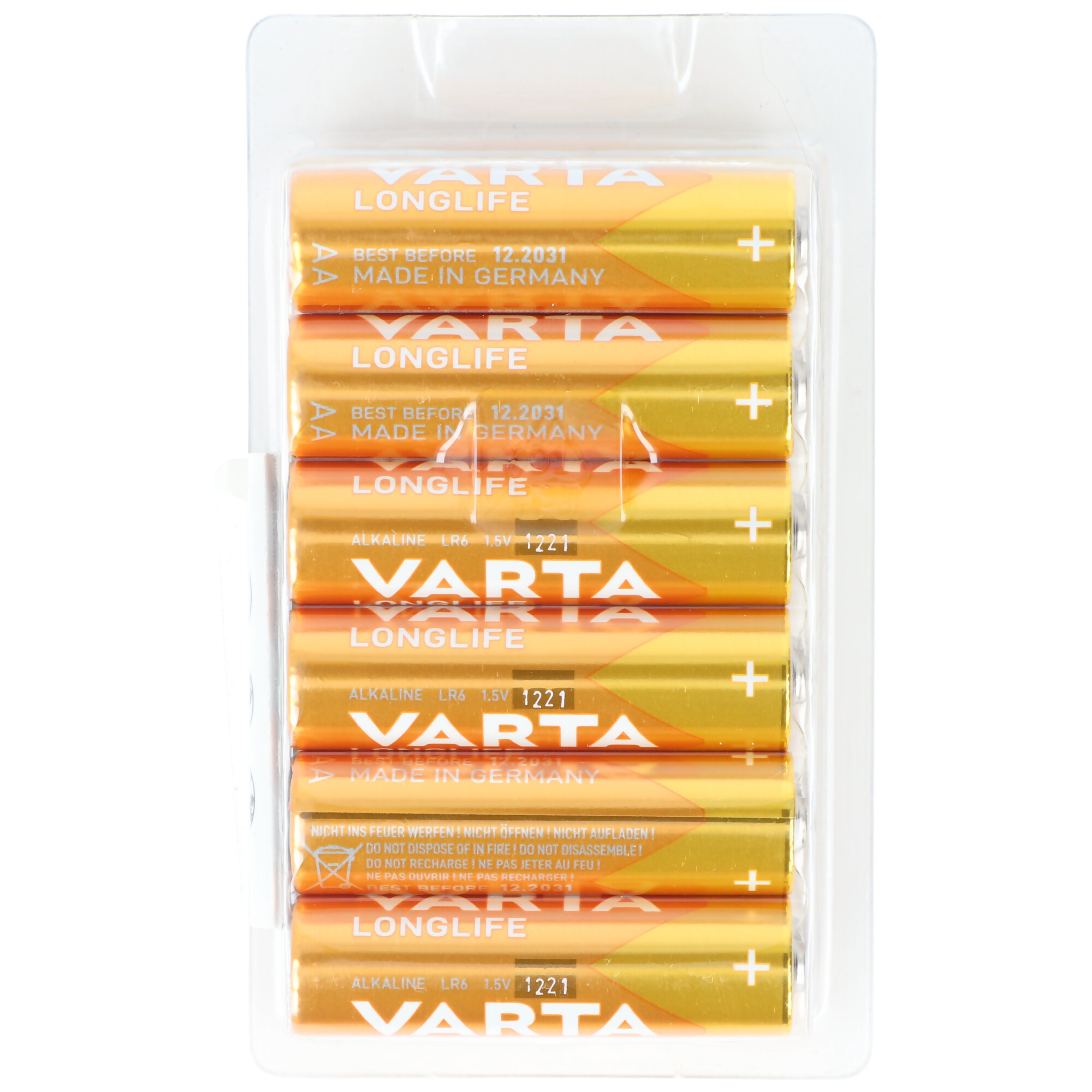 Eine Packung Varta Longlife AA Batterien. Zehn goldfarbene Batterien in klarem Kunststoff.