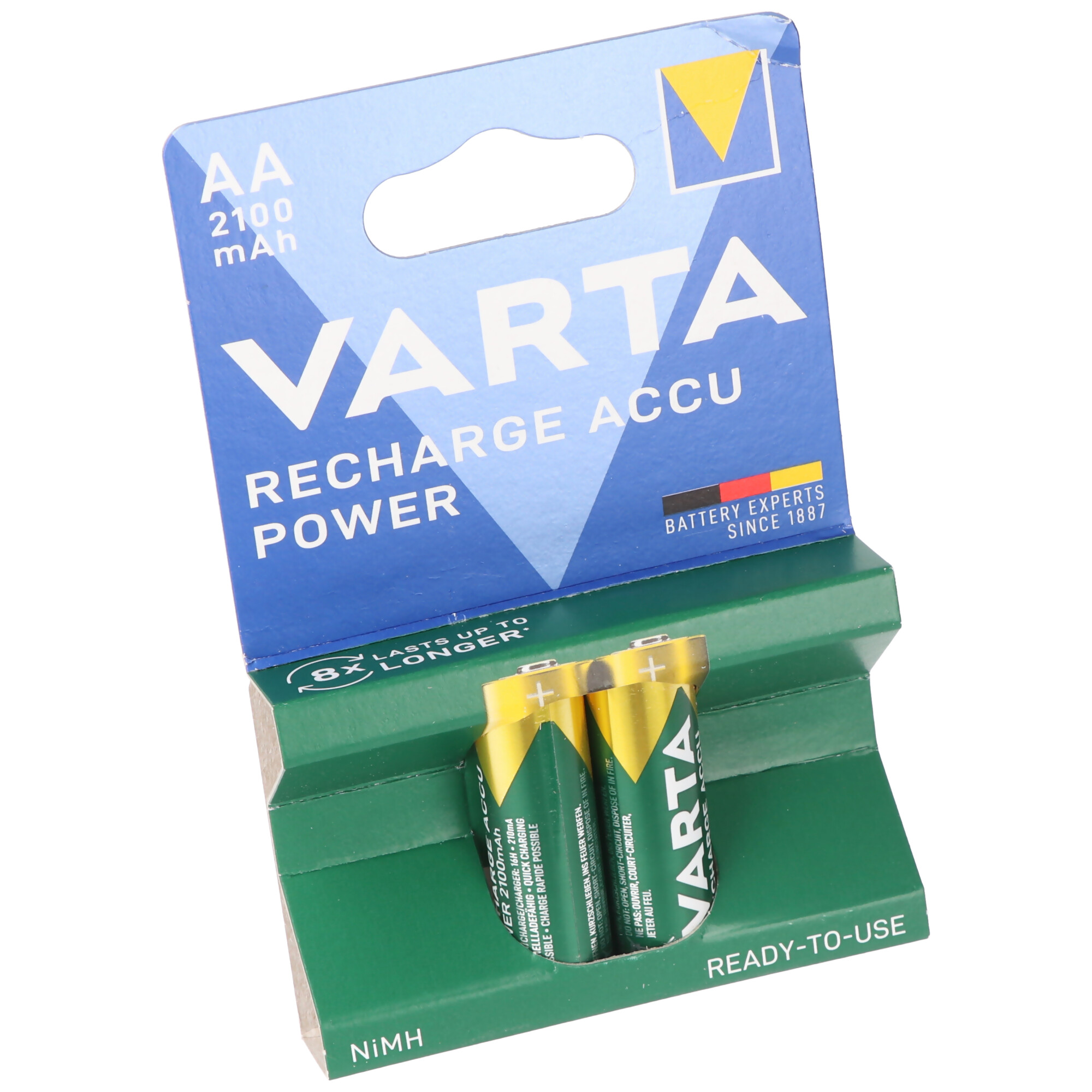 Two yellow and green AA batteries in a blue and green package. Text: Varta Recharge Power. White background.