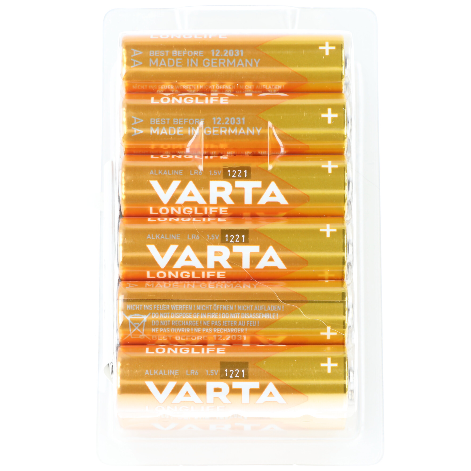 Eine Packung AA-Batterien. Die Batterien sind goldfarben und haben die Marke Varta. Die Verpackung ist transparent.
