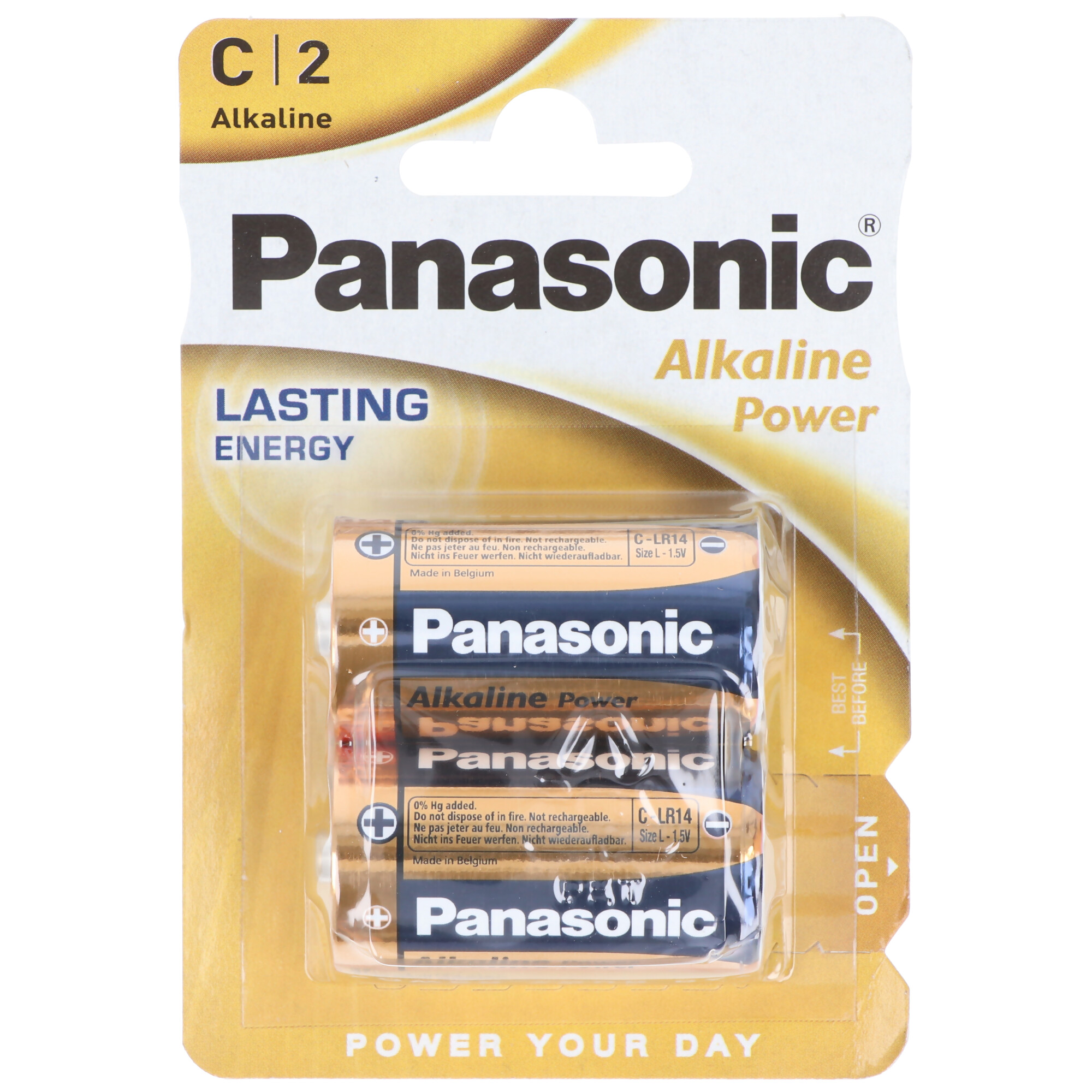 Een verpakking Panasonic C alkaline batterijen. Het is geel met tekst en een batterijdiagram.