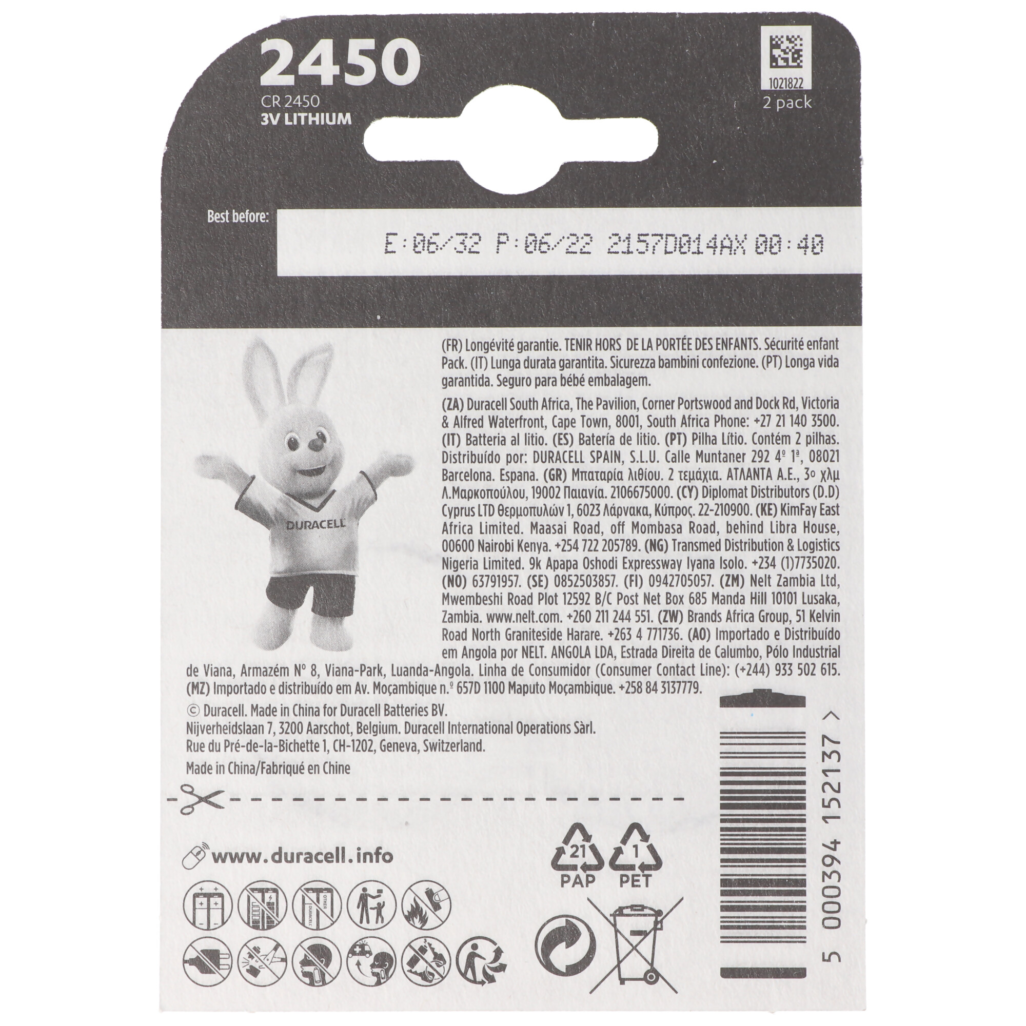 Opakowanie baterii Duracell z tekstem, logo i wizerunkiem królika.