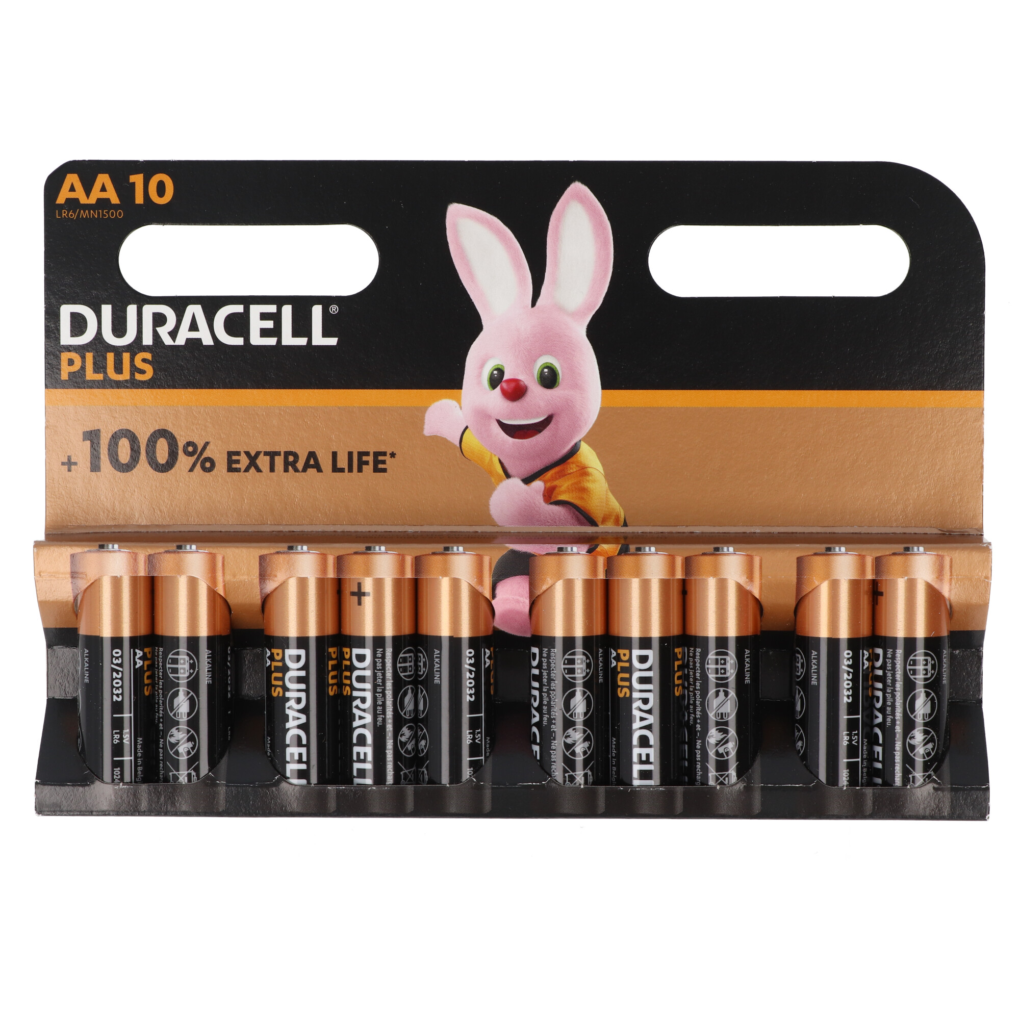 Packung AA-Batterien mit Duracell-Häschen. Batterien sind bronzefarben. Die Verpackung ist schwarz und gold.