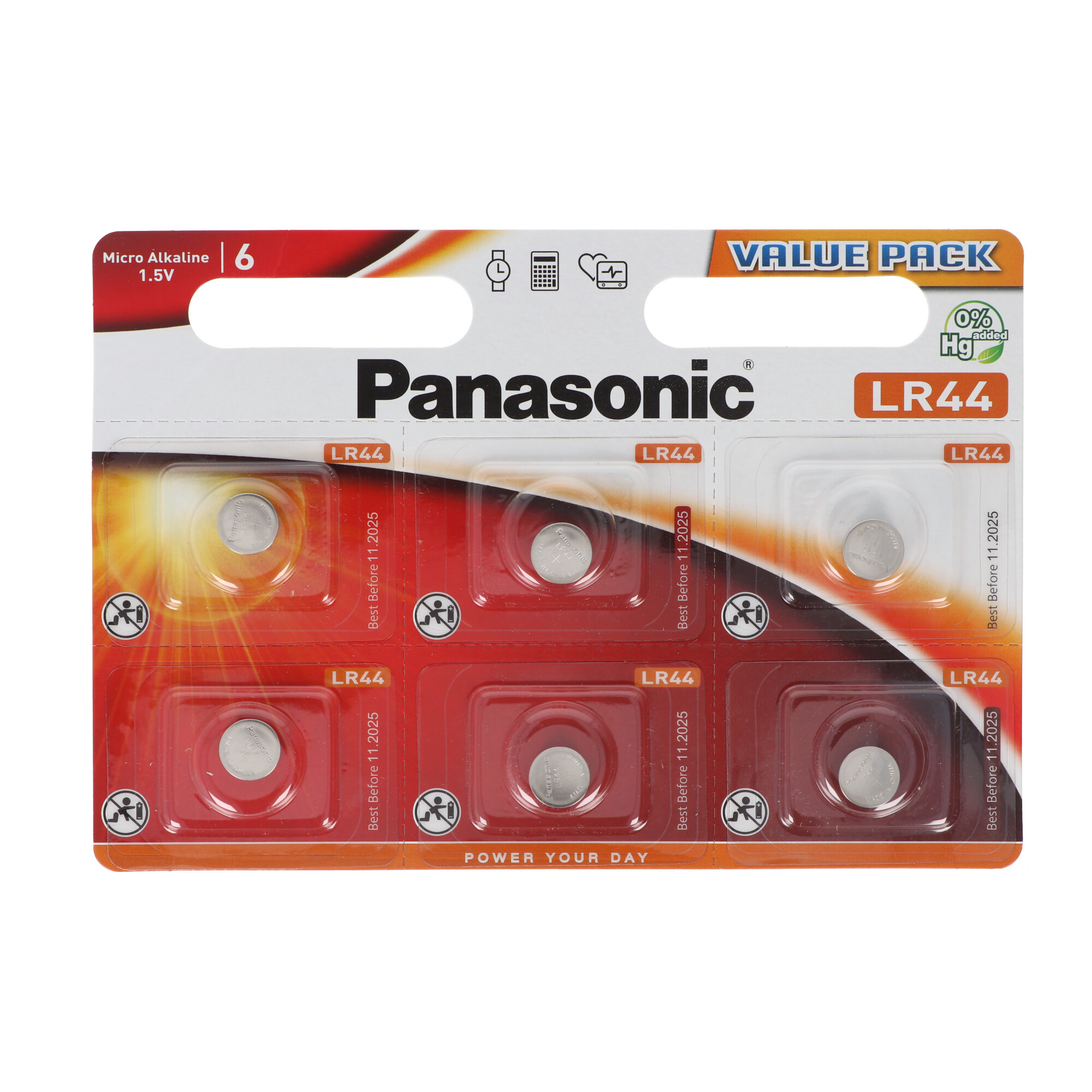 Sechs LR44-Batterien in Kunststoffverpackung. 'Panasonic'-Marke.
