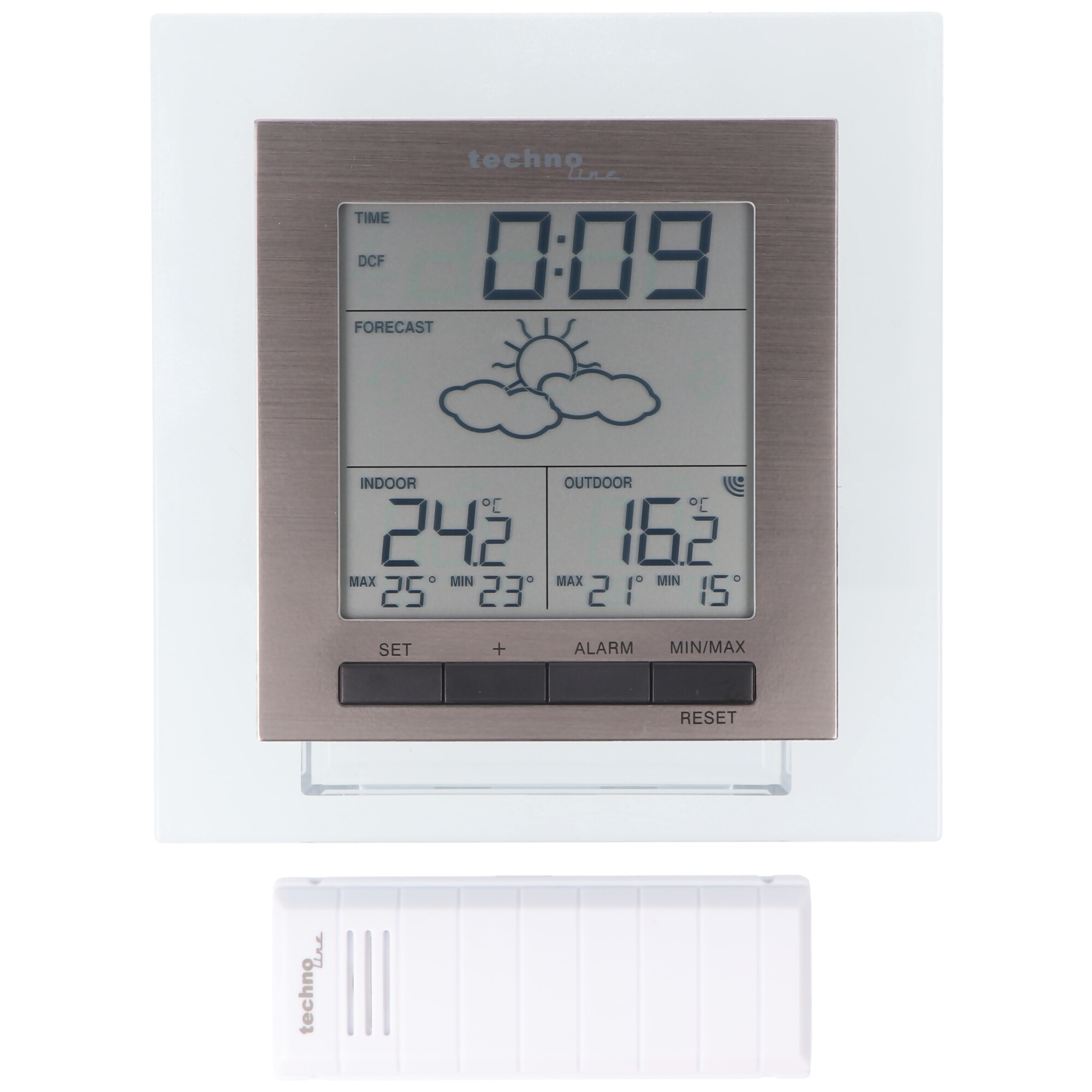 Stazione meteorologica digitale con ora, previsioni (sole/nuvole), temperature interne/esterne: 24,2°C, 16,2°C. Sensore.
