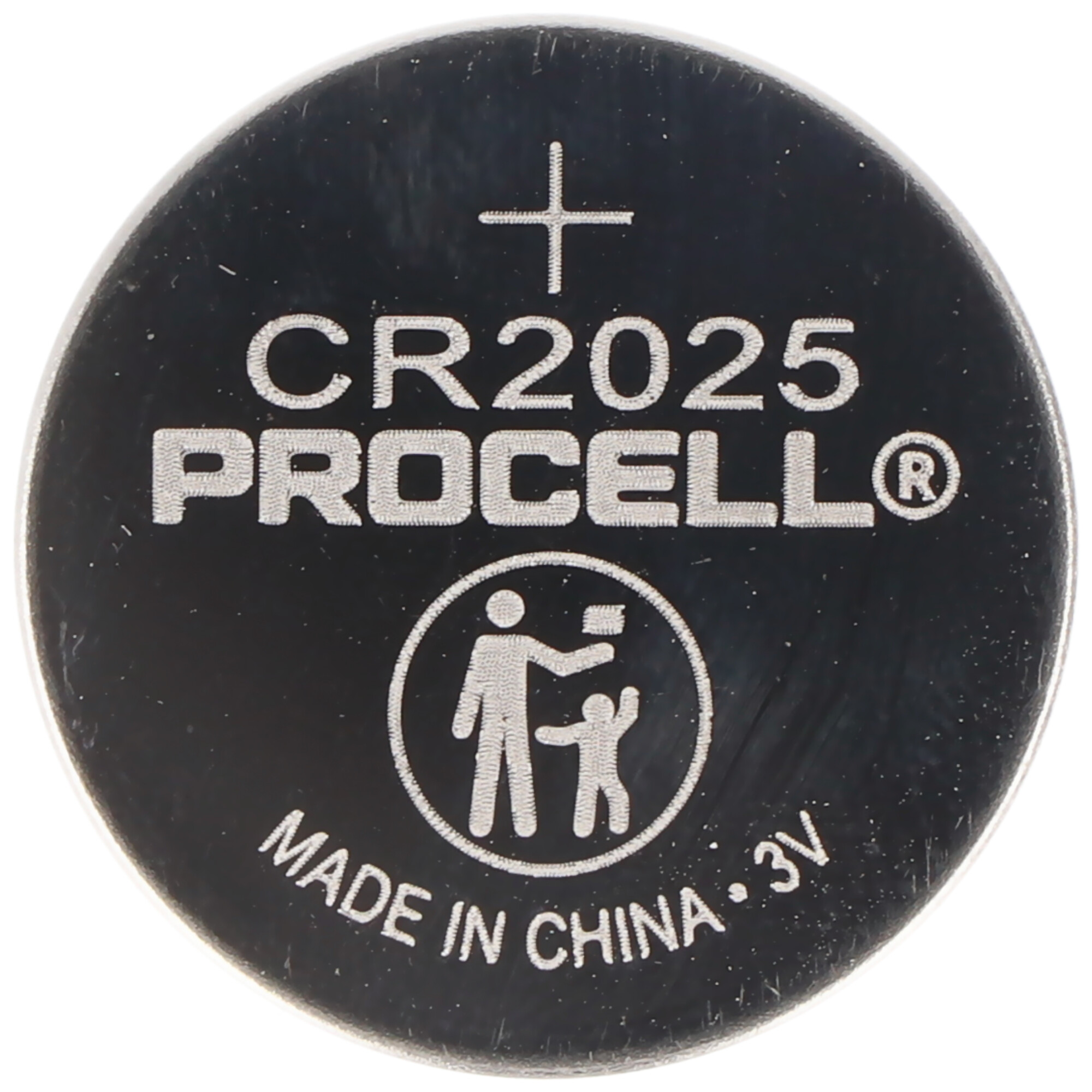 Nahaufnahme einer runden CR2025 Procell Batterie, mit Text und Kindersicherheitssymbol.