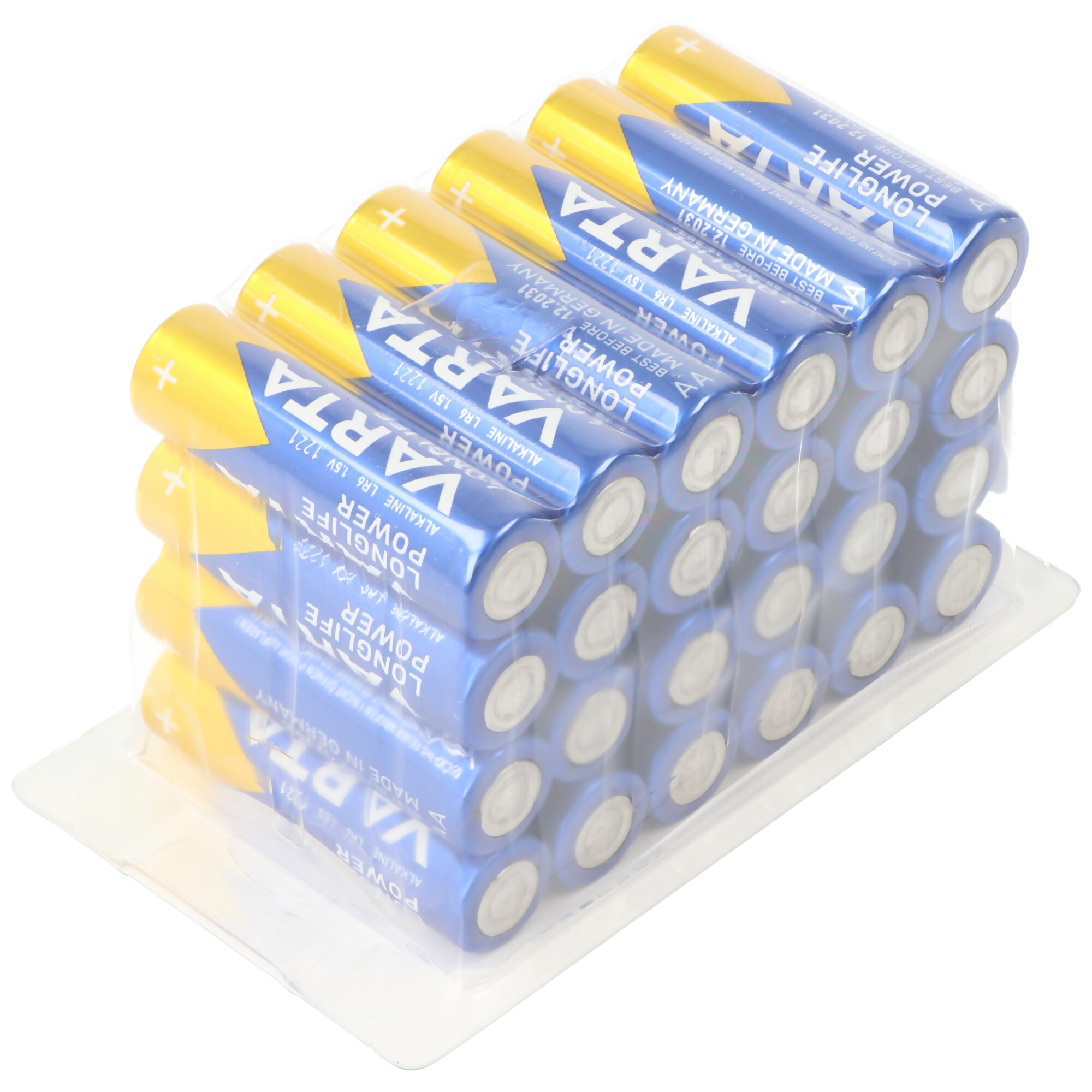 Eine Packung AA-Batterien. Batterien sind blau und goldfarben, angeordnet in einem transparenten Kunststoffbehälter.