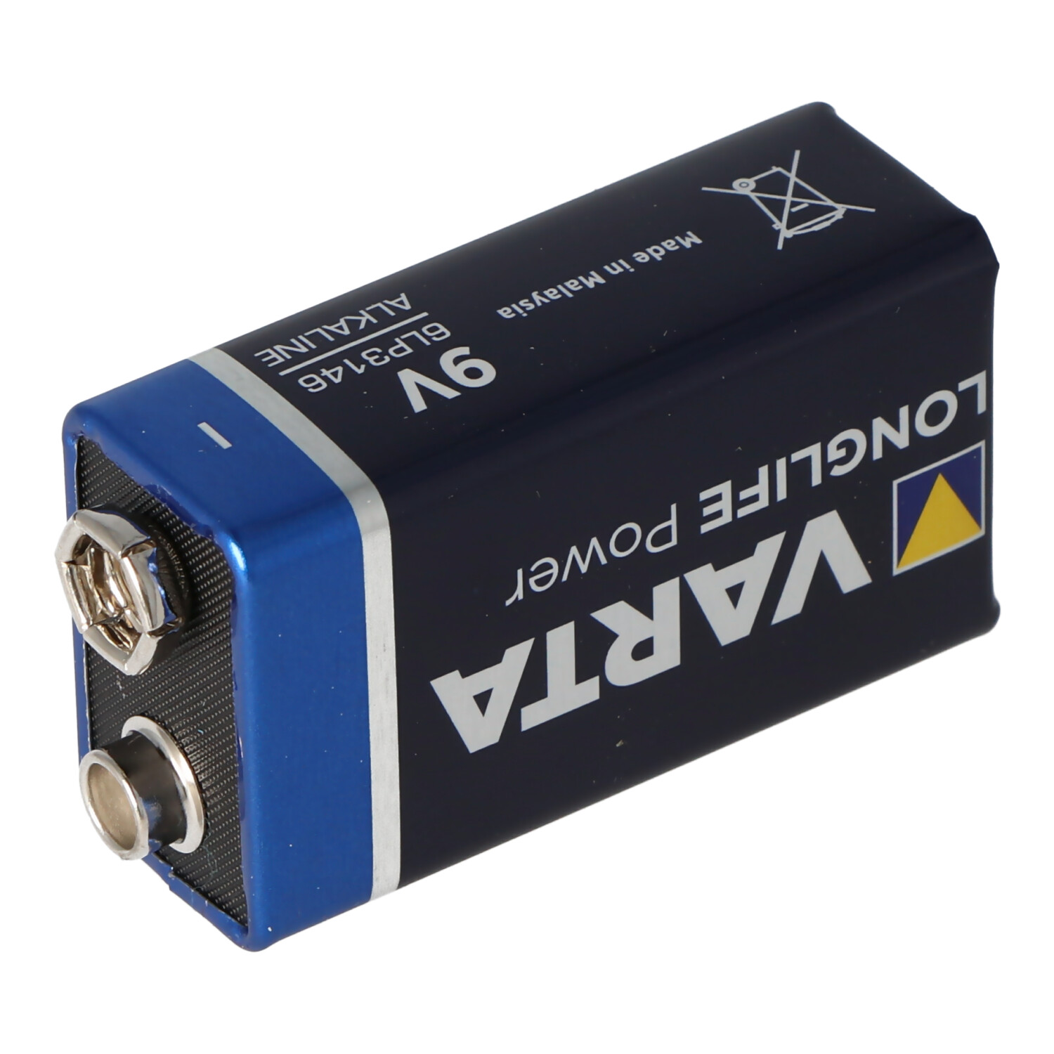 9V Varta-Batterie. Blaue und dunkelblaue Farbe.  'LONGLIFE POWER' und 'ALKALINE' gedruckt.