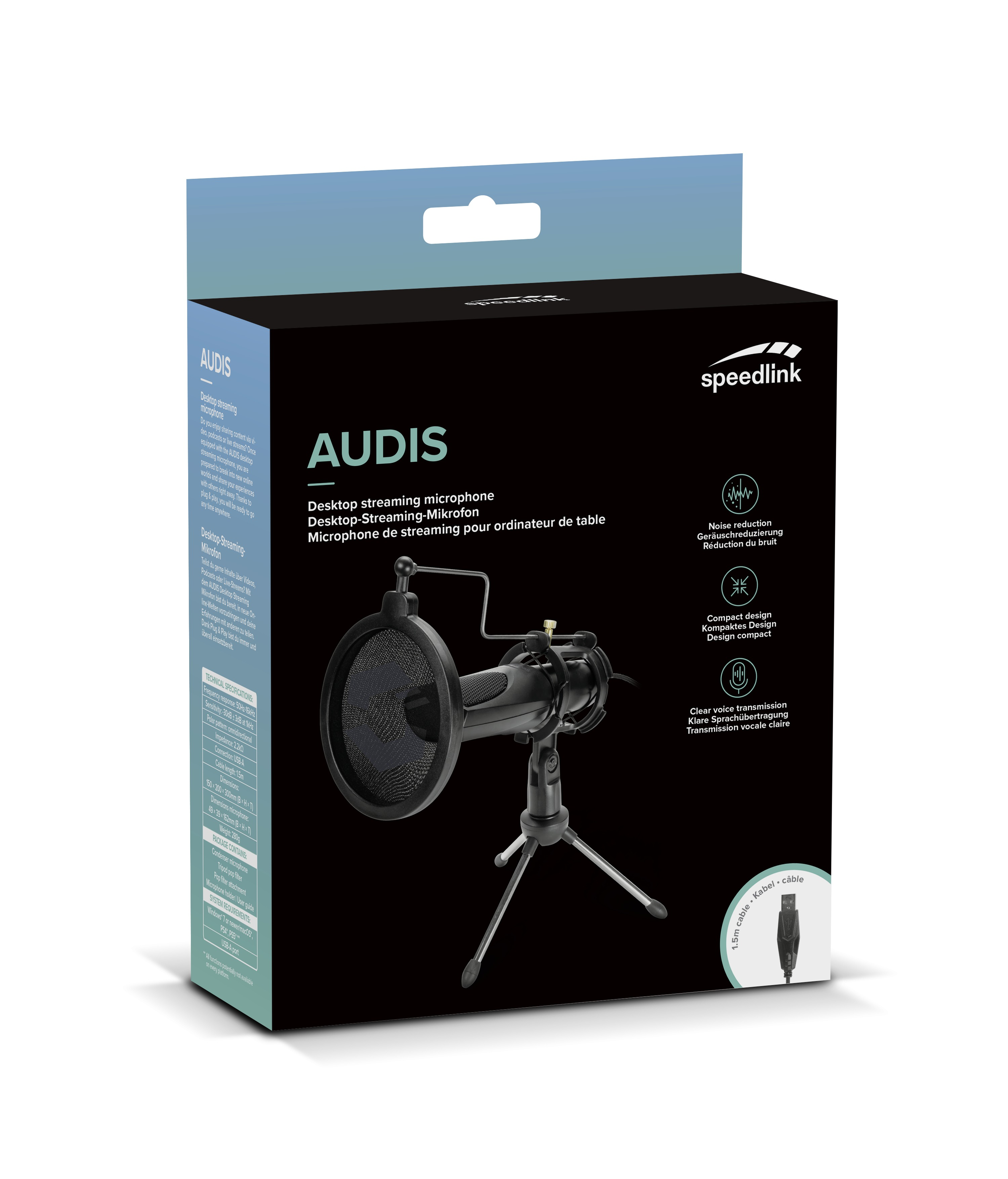 Een doos voor een desktop streaming microfoon. Het is zwart met een popfilter en standaard. Het merk is Speedlink.