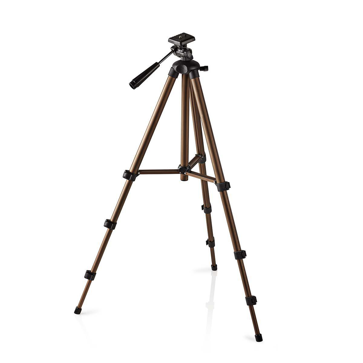 A brown tripod on a white background. It has adjustable legs and a head for a camera.