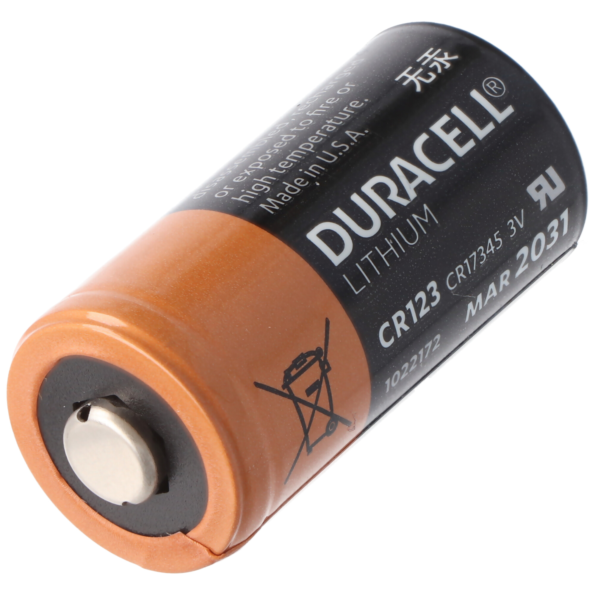 Duracell Lithium-Batterie. Sie ist zylindrisch, mit schwarz-braunem Farbschema. Text ist sichtbar.